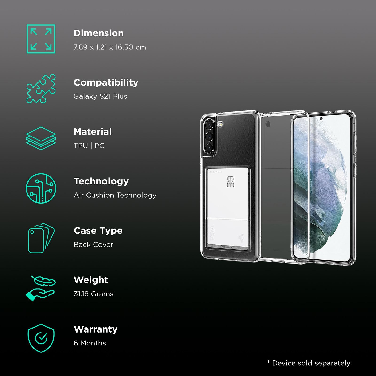 spigen Crystal Slot Polycarbonate and TPU Back Cover for Samsung Galaxy S21 Plus (Air Cushion Technology, Crystal Clear)_2