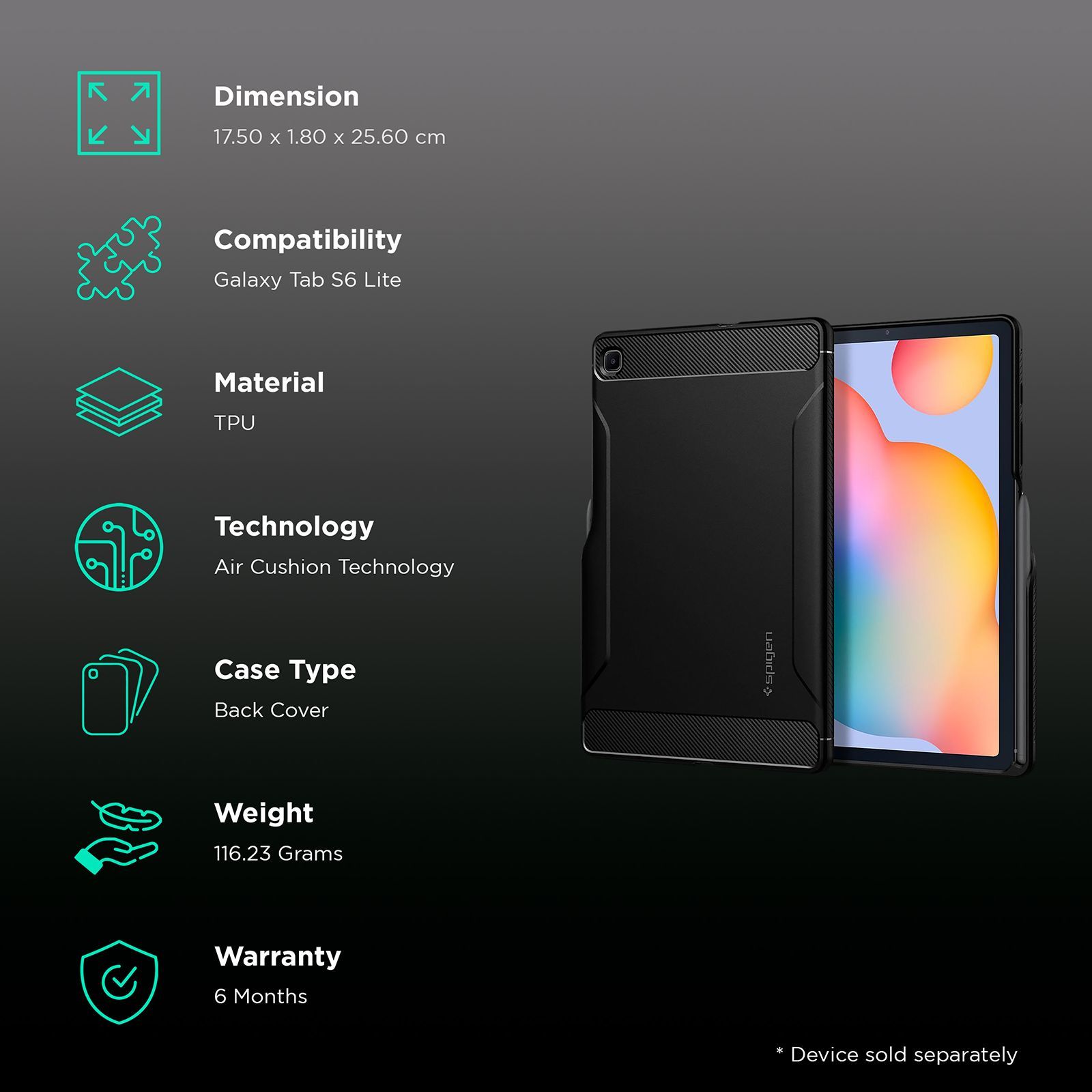 spigen Rugged Armor TPU Back Case For Galaxy Tab S6 Lite (Air Cushion Technology, ACS01284, Matte Black)_2