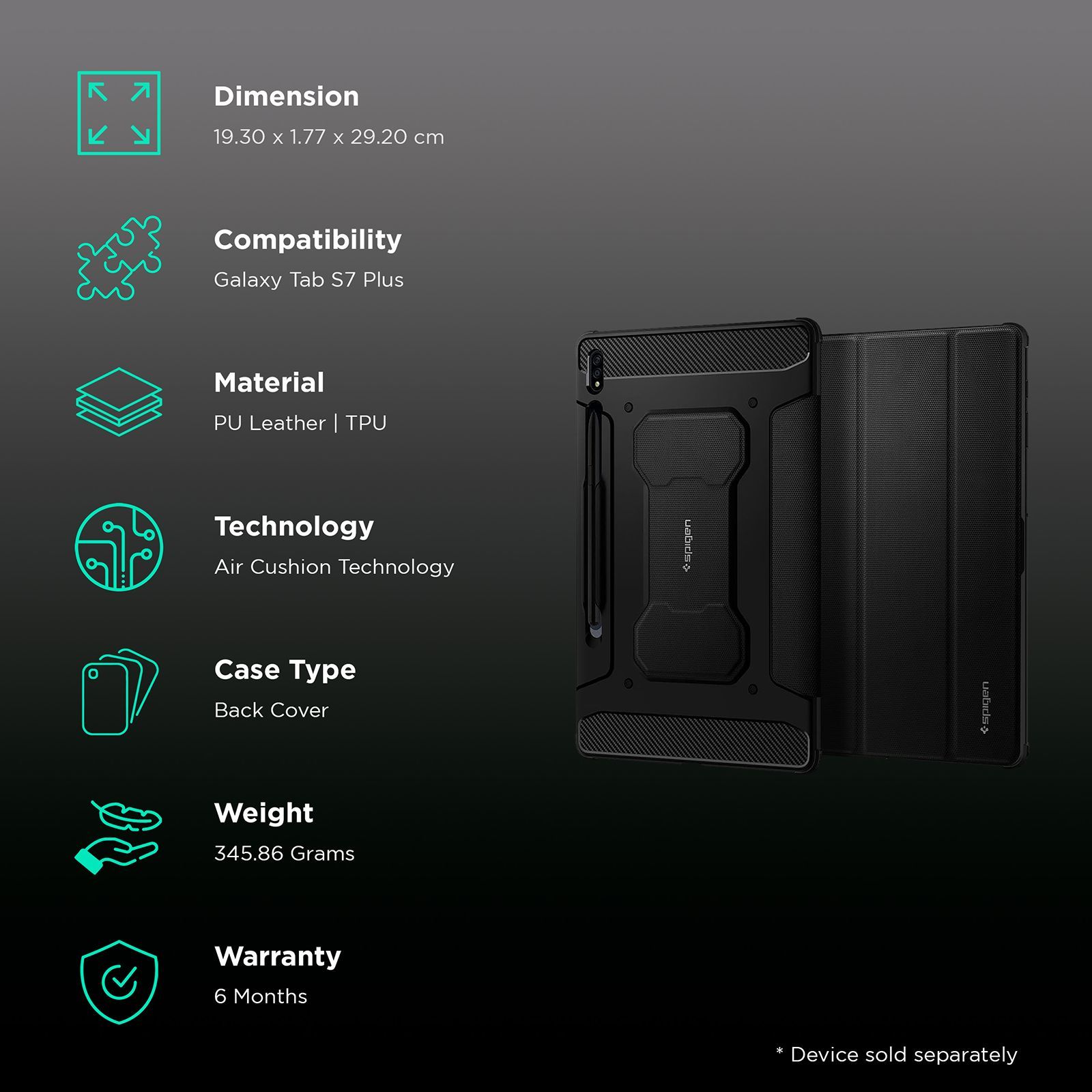 spigen Rugged Armor Pro PU Leather & TPU Full Cover Case For Galaxy Tab S7 Plus (Air Cushion Technology, ACS01607, Black)_2