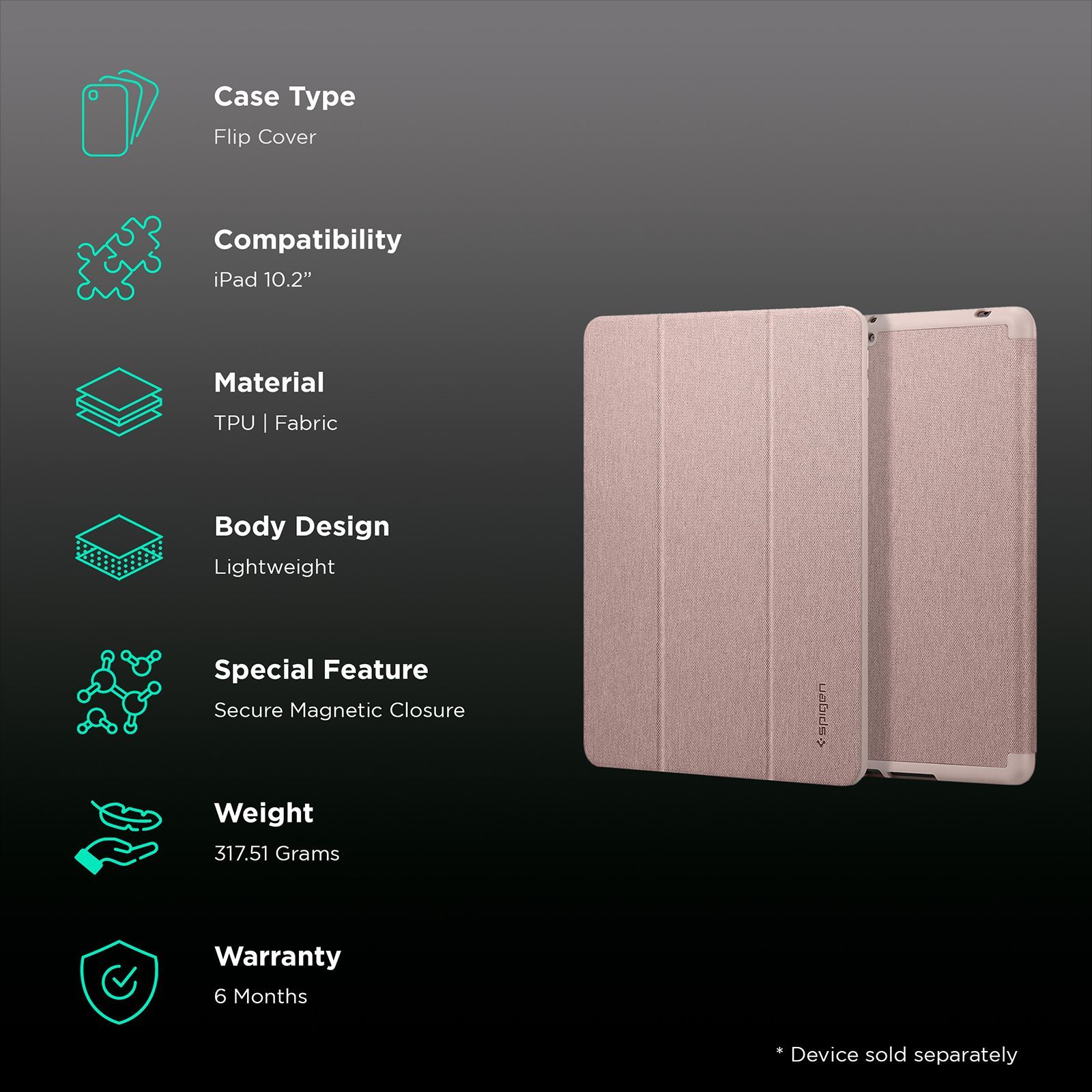 spigen Urban Fit TPU & Fabric Flip Cover For Apple iPad 10.2 Inch (Magnetic Closure, Rose Gold)_2