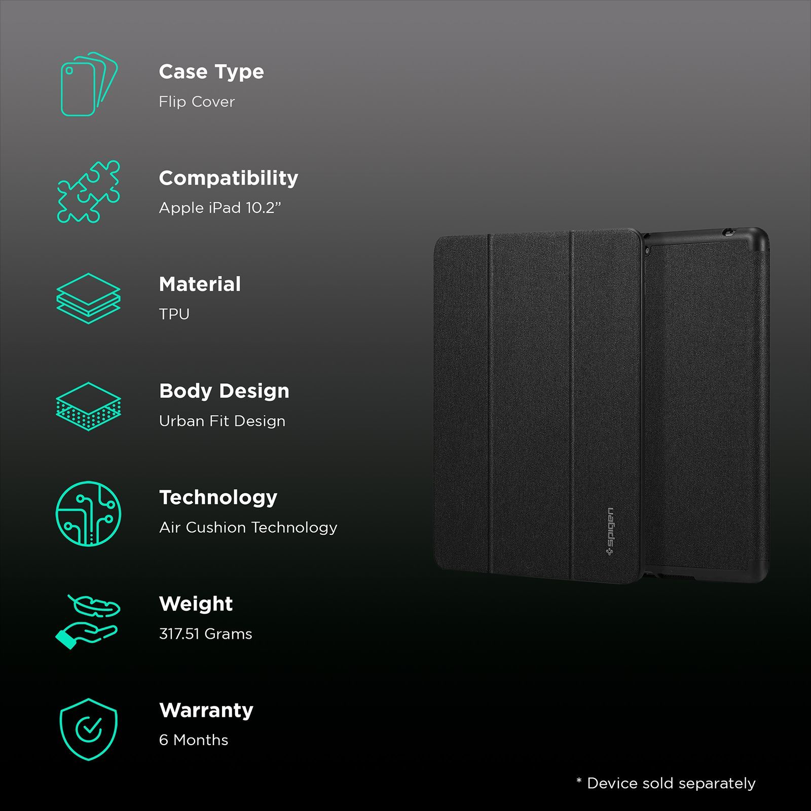 spigen Urban Fit TPU, Polyurethane Leather Case Cover for Apple iPad 10.2 Inch (9th, 8th & 7th Gen) (Built-in Kickstand, Black)_2