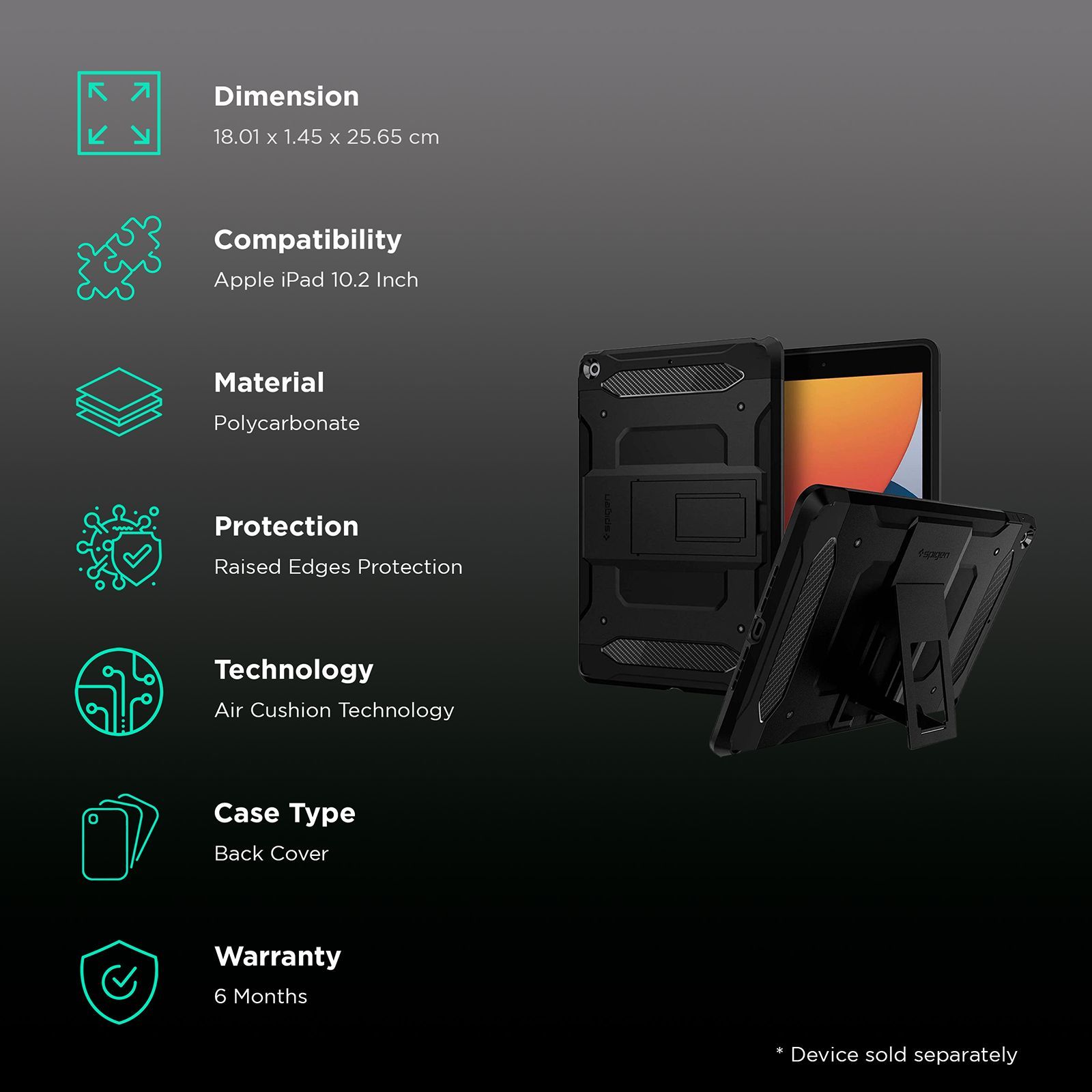 spigen Tough Armor Tech Polycarbonate Back Case with Stand for Apple iPad 10.2 Inch (Air Cushion Technology, Black)_2