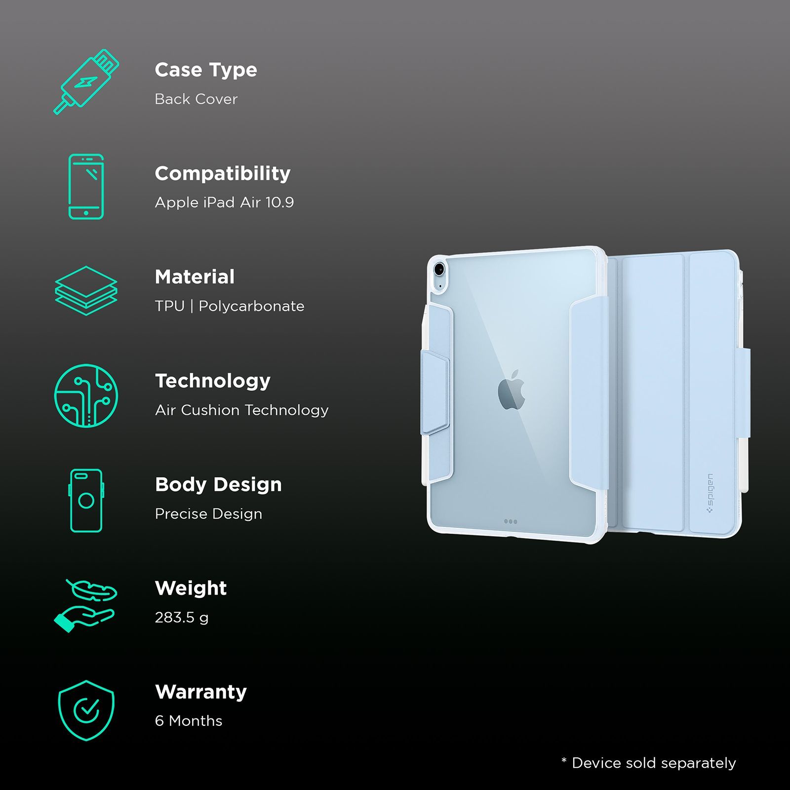 spigen Ultra Hybrid Pro TPU & PC Back Case with Stand For iPad Air 10.9" (2020) (Air Cushion Technology, ACS02698, Sky Blue)_2