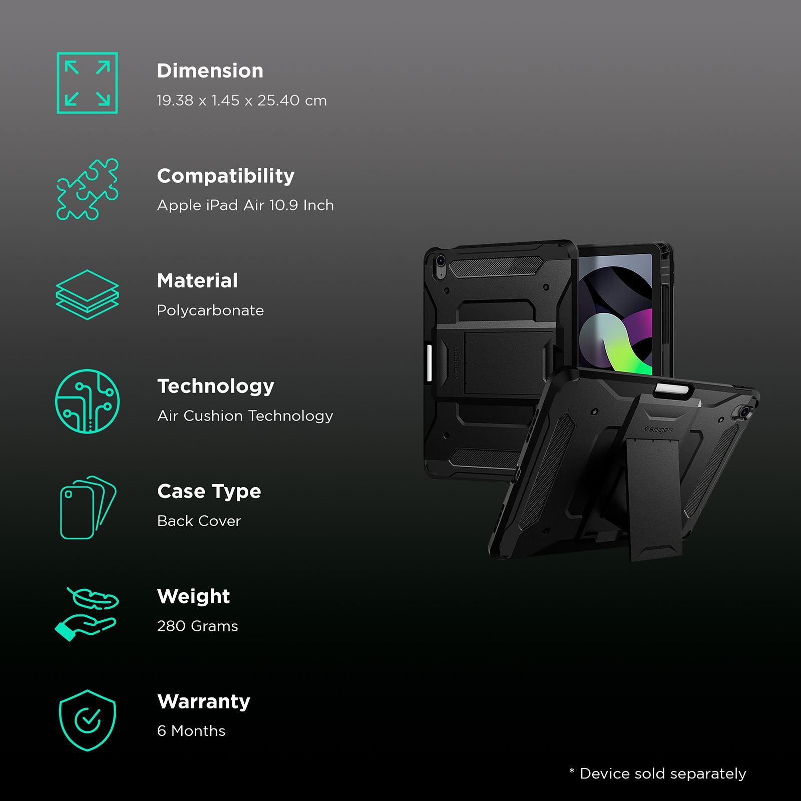 spigen Tough Armor Pro Polycarbonate Back Case with Stand for Apple iPad Air 10.9 Inch with Pen Holder (4th Gen) (Air Cushion Technology, Black)_2