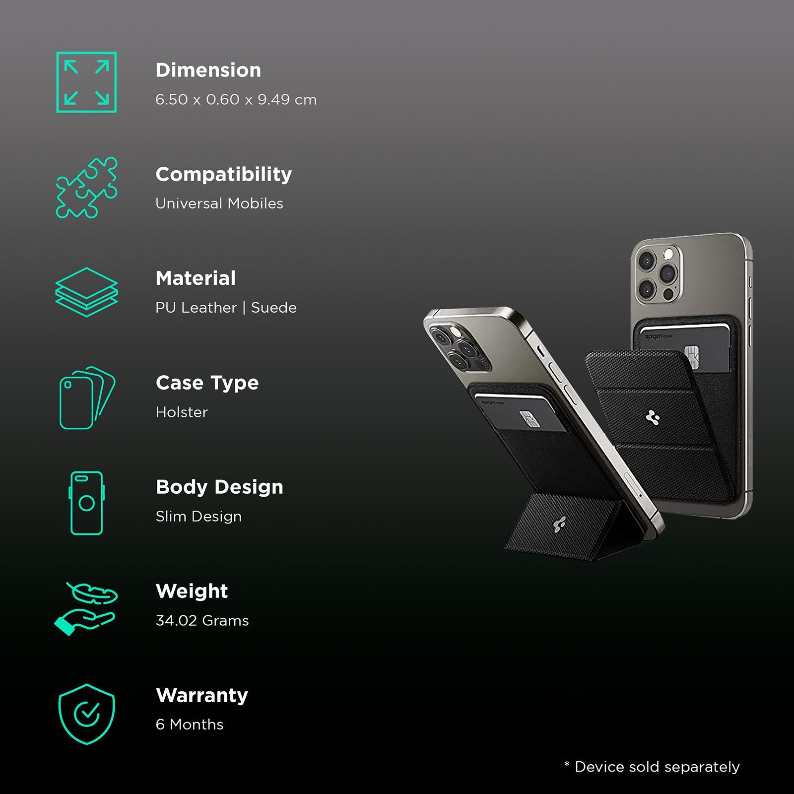 spigen Smart Fold PU Leather & Suede Card Holder For Universal Mobiles (Tri-Fold Design, AMP02834, Black)_2