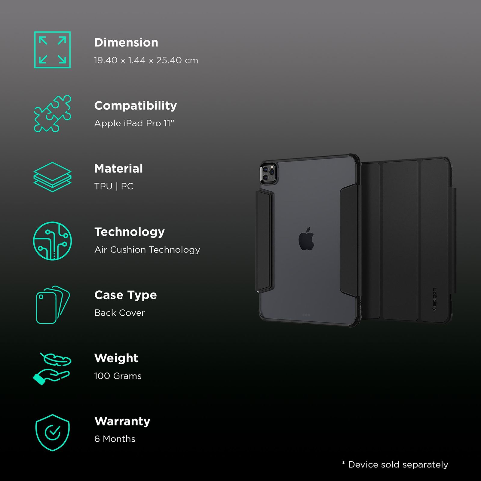 spigen Ultra Hybrid Pro TPU & PC Back Case with Stand For iPad Pro 11" (2021) (Air Cushion Technology, ACS02885, Black)_2