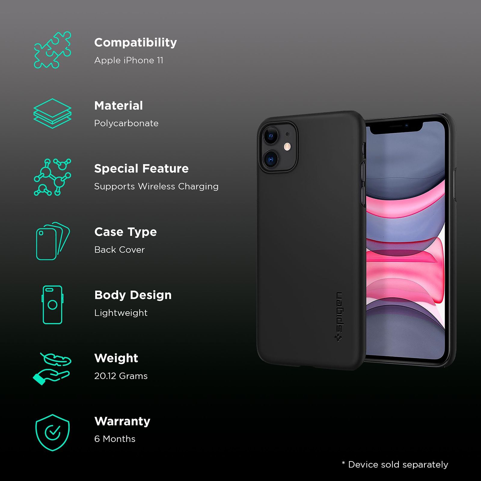 spigen Thin Fit Polycarbonate Back Cover for Apple iPhone 11 (Wireless Charging Compatible, Black)_2