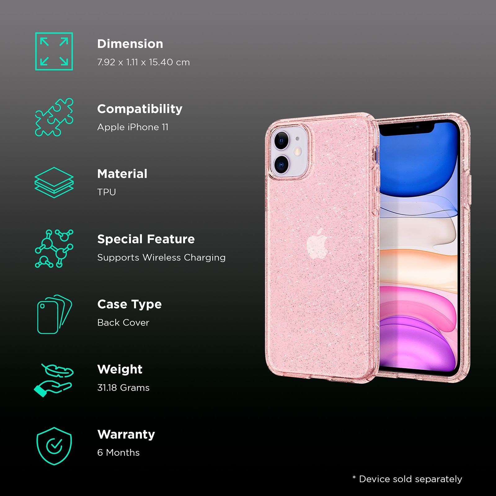 spigen Liquid Crystal Glitter TPU Back Cover for Apple iPhone 11 (Wireless Charging Compatible, Rose Quartz)_2
