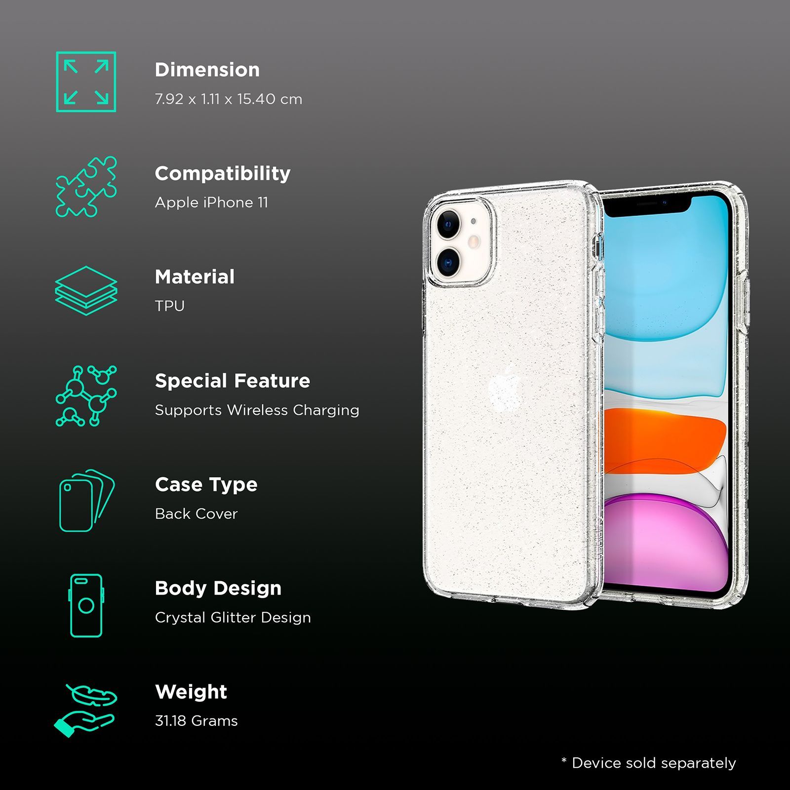 spigen Liquid Crystal Glitter TPU Back Cover for Apple iPhone 11 (Wireless Charging Compatible, Crystal Quartz)_2