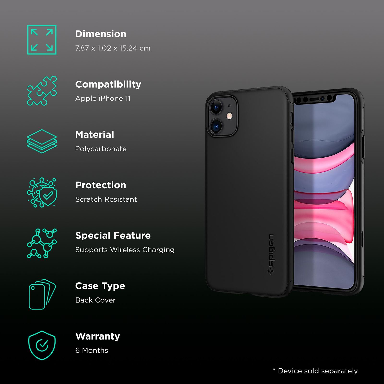 spigen Thin Fit Classic Polycarbonate Back Cover for Apple iPhone 11 (Wireless Charging Compatible, Black)_2