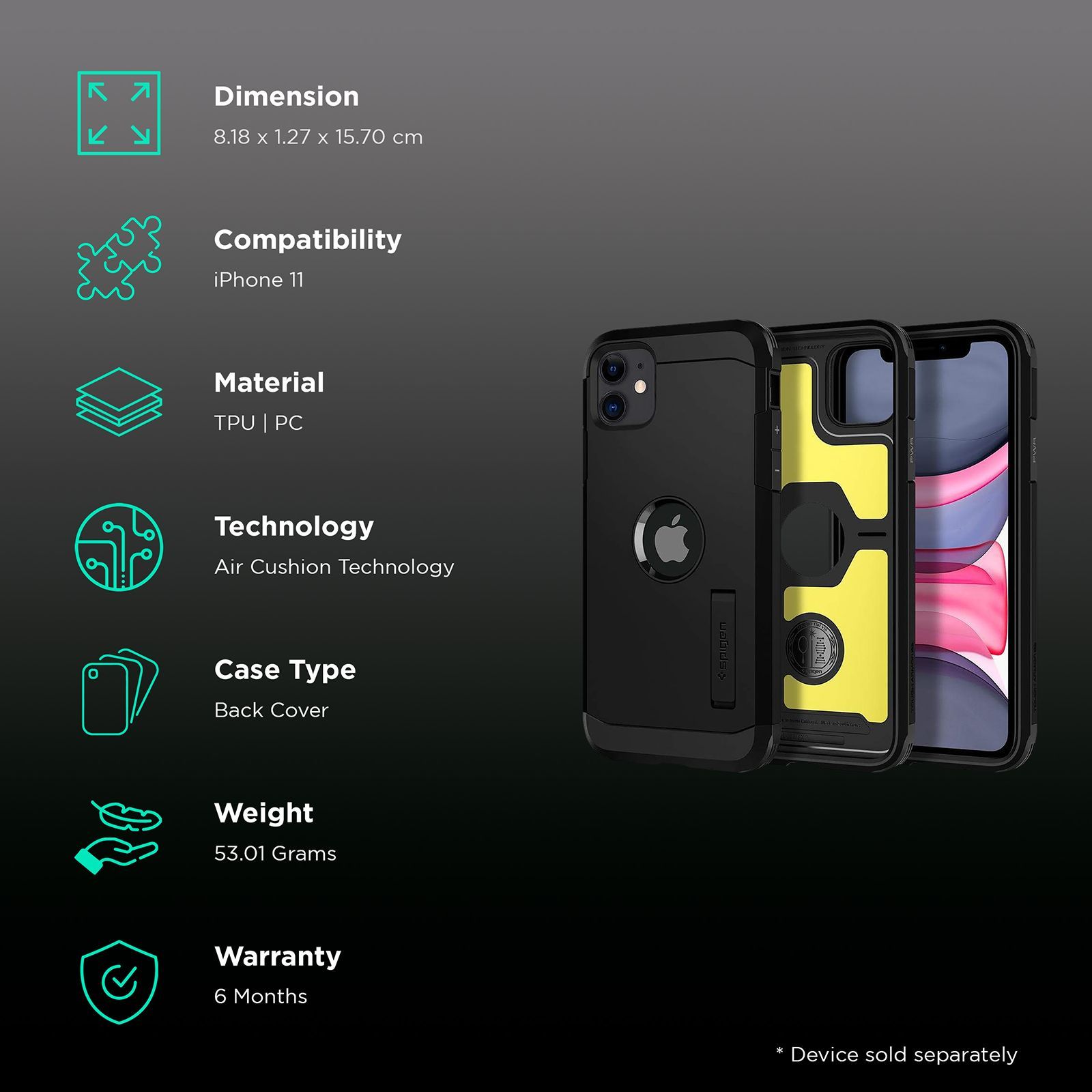 spigen Tough Armor TPU & PC Back Case For iPhone 11 (Air Cushion Technology, 076CS27439, Black)_2