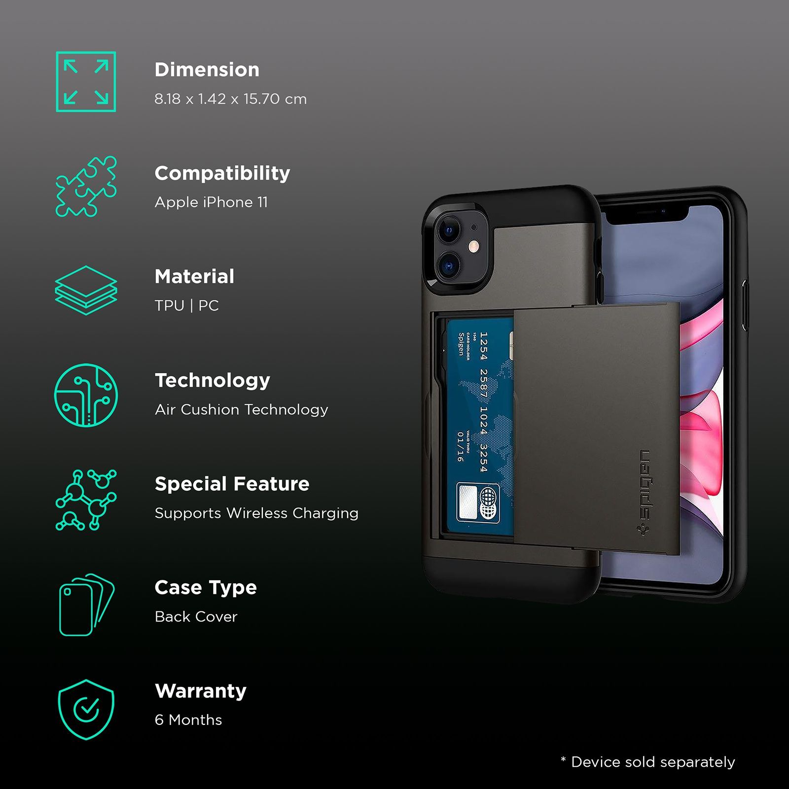spigen Slim Armor CS TPU & Polycarbonate Back Cover for Apple iPhone 11 (Wireless Charging Compatible, Gunmetal)_2
