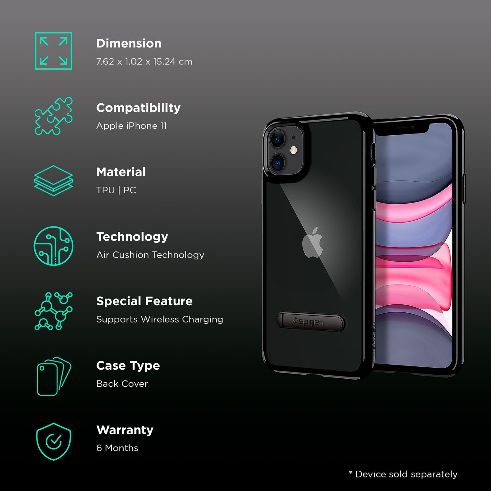 spigen Ultra Hybrid S Hard Polycarbonate & TPU Back Cover for Apple iPhone 11 (Supports Wireless Charging, Jet Black)_2