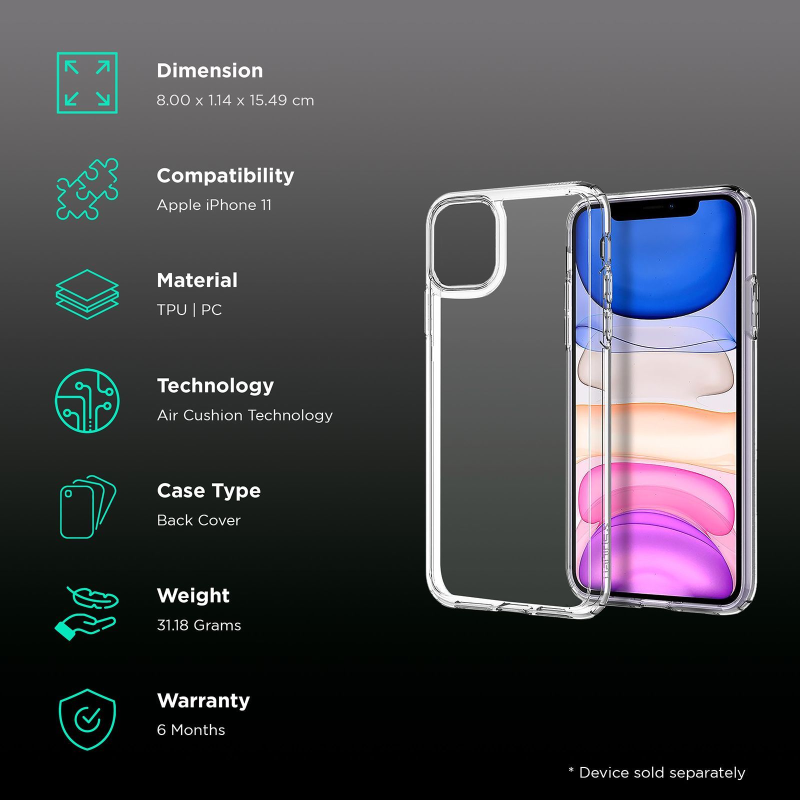 spigen Ultra Hybrid TPU & Polycarbonate Back Cover for Apple iPhone 11 (Air Cushion Technology, Crystal Clear)_2