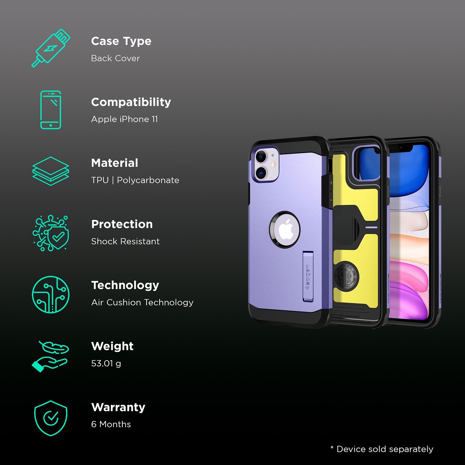 spigen Tough Armor TPU & PC Back Case For iPhone 11 (Air Cushion Technology, ACS00409, Purple)_2