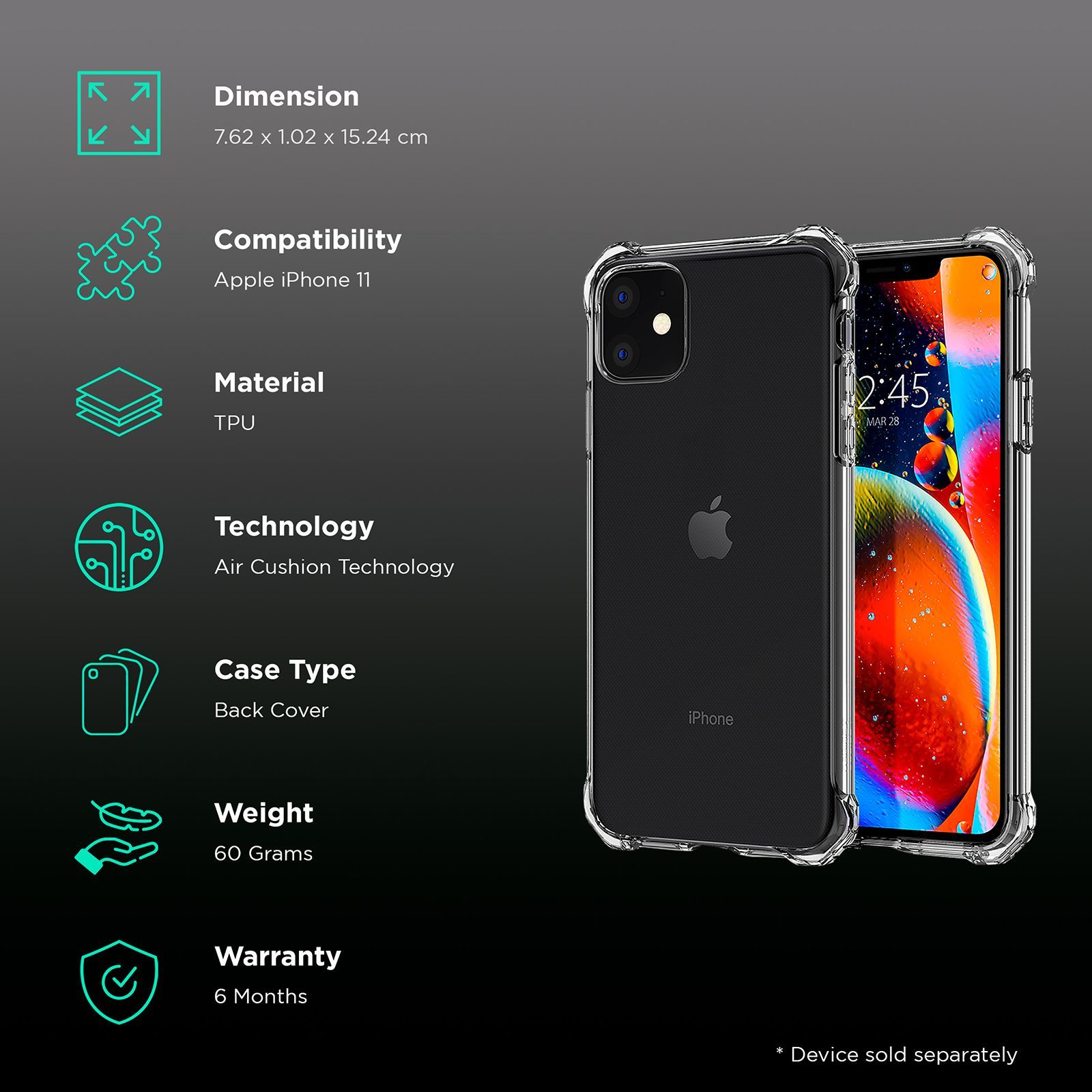 spigen Rugged Crystal TPU Back Cover for Apple iPhone 11 (Air Cushion Technology, Crystal Clear)_2
