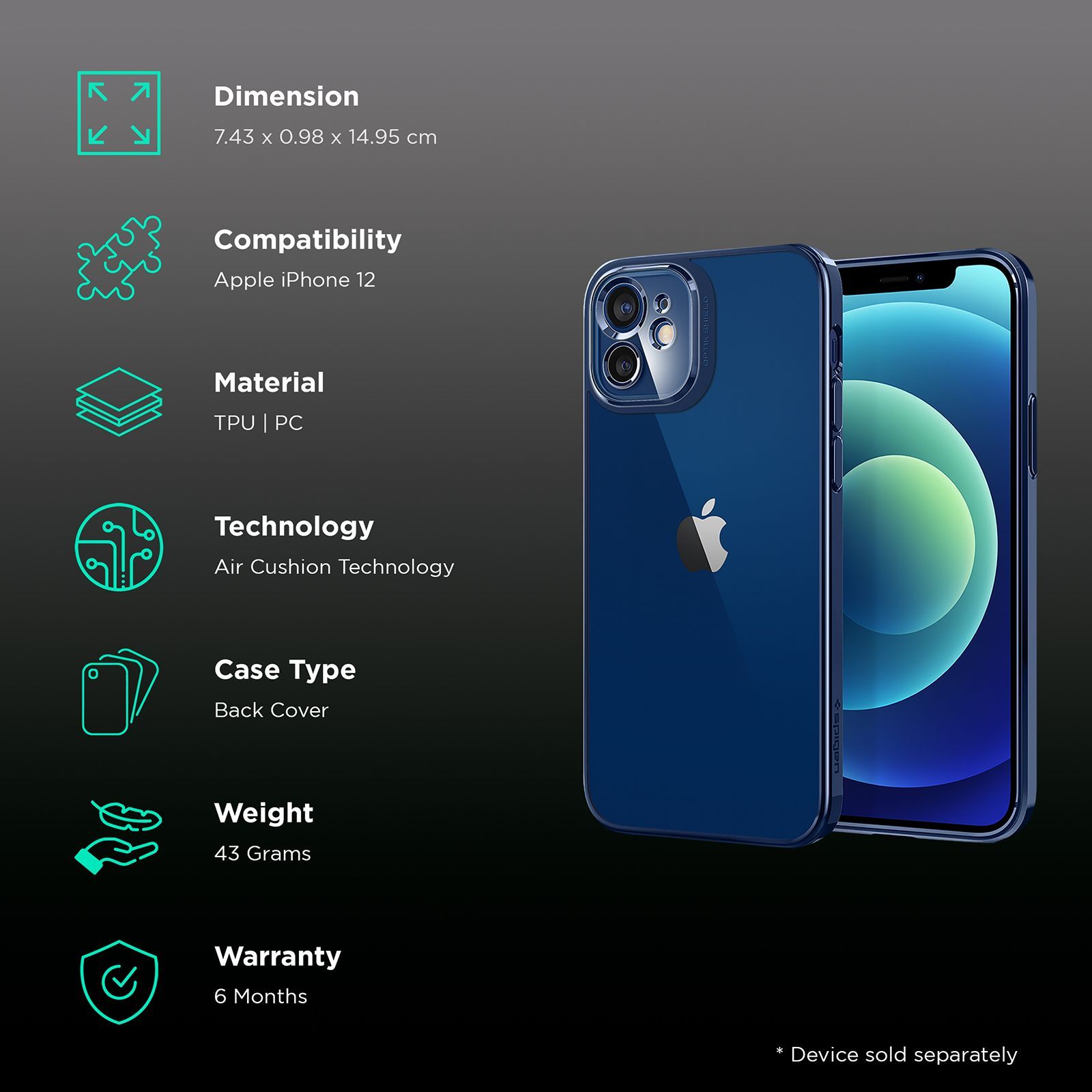 spigen Optik Crystal TPU & Polycarbonate Back Cover for Apple iPhone 12 (Air Cushion Technology, Chrome Blue)_2