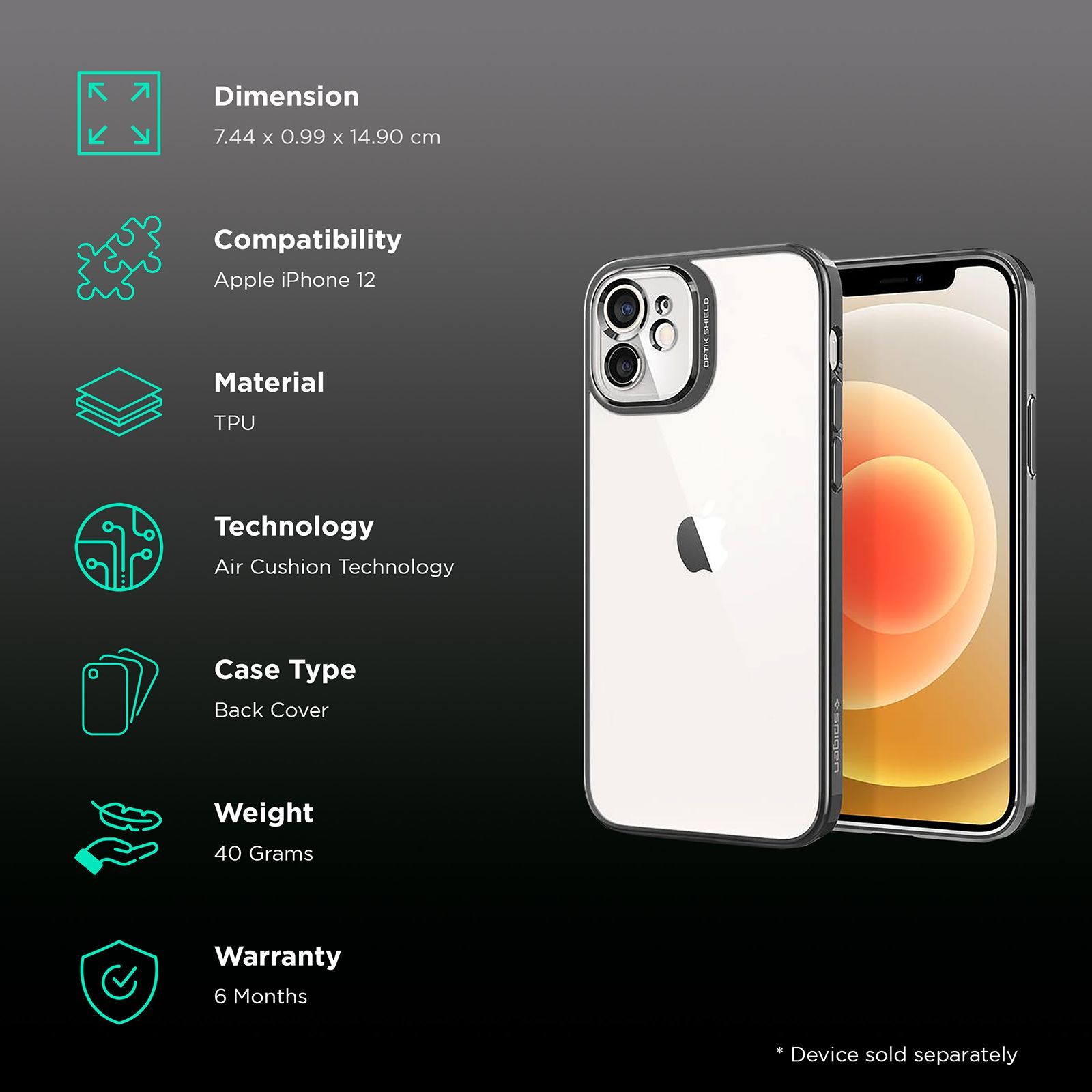 spigen Optik Crystal TPU Back Cover for Apple iPhone 12 (Air Cushion Technology, Chrome Grey)_2