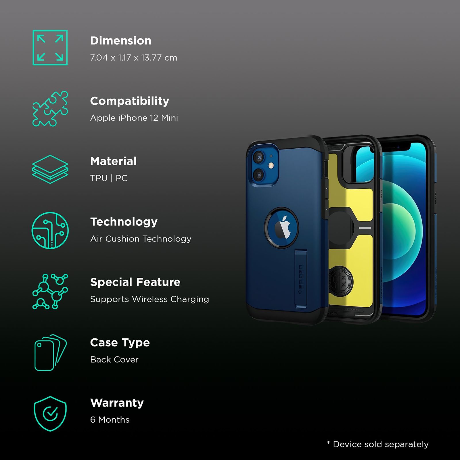 spigen Tough Armor TPU & Polycarbonate Back Case with Stand for Apple iPhone 12 Mini (Wireless Charging Compatible, Navy Blue)_2