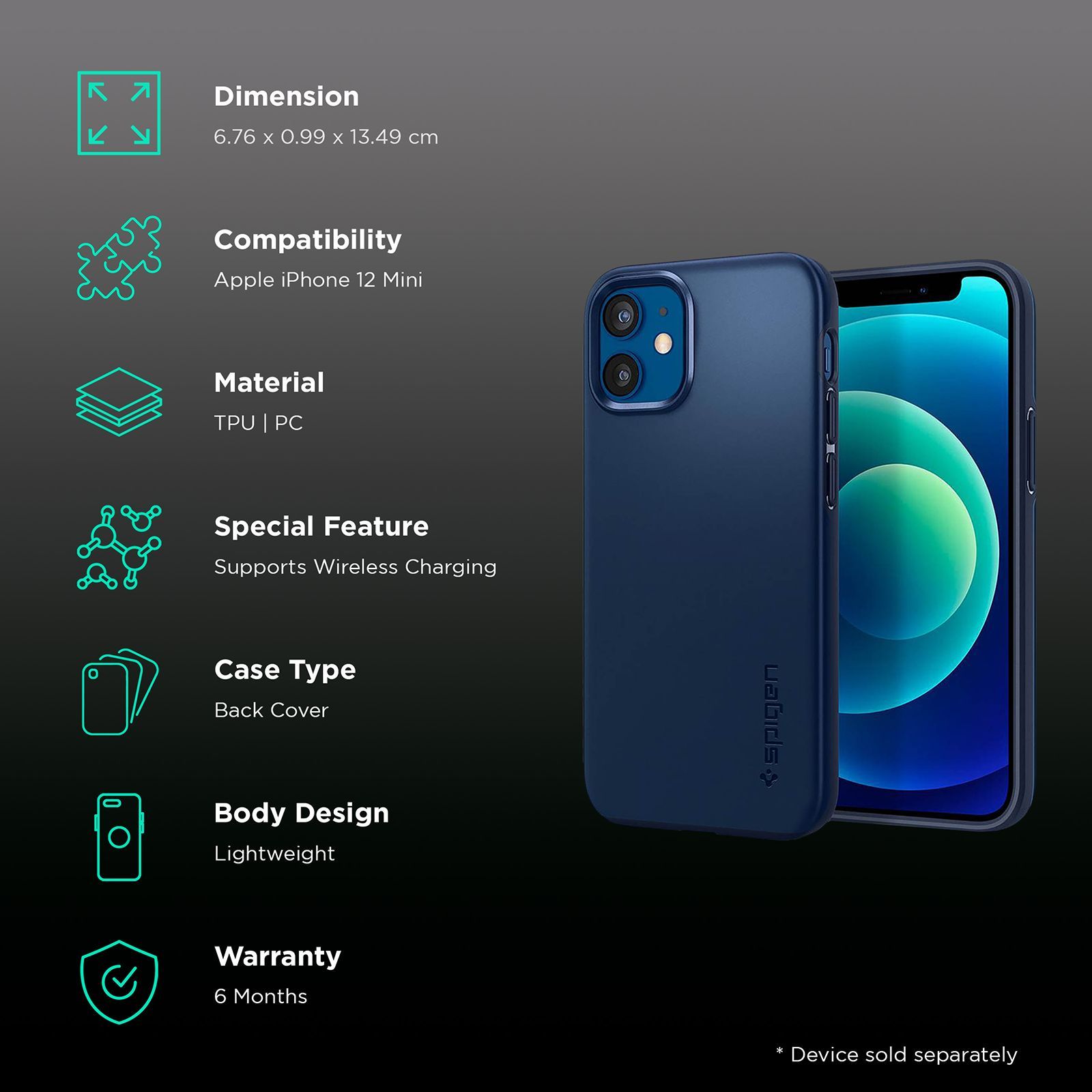 spigen Thin Fit TPU & Polycarbonate Back Cover for Apple iPhone 12 Mini (Wireless Charging Compatible, Navy Blue) spigen Thin Fit TPU & Polycarbonate Back Cover for Apple iPhone 12 Mini (Wireless Charging Compatible, Navy Blue)_2