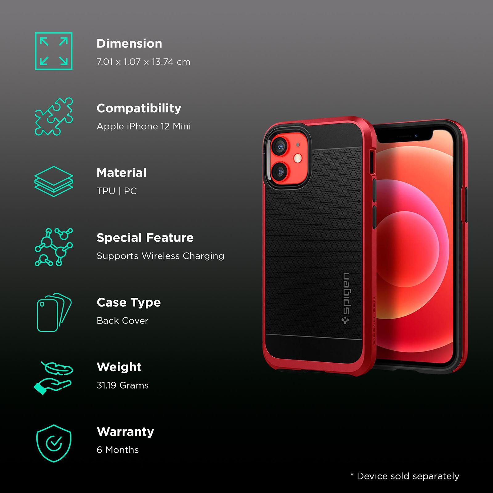 spigen Neo Hybrid TPU & Polycarbonate Back Cover for Apple iPhone 12 Mini (Wireless Charging Compatible, Red)_2