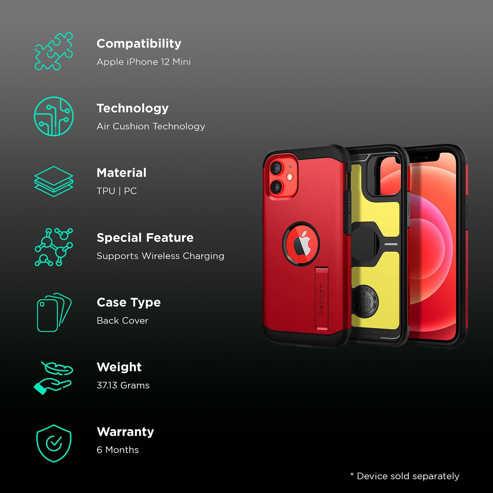 spigen Tough Armor TPU & Polycarbonate Back Case with Stand for Apple iPhone 12 Mini (Wireless Charging Compatible, Red)_2