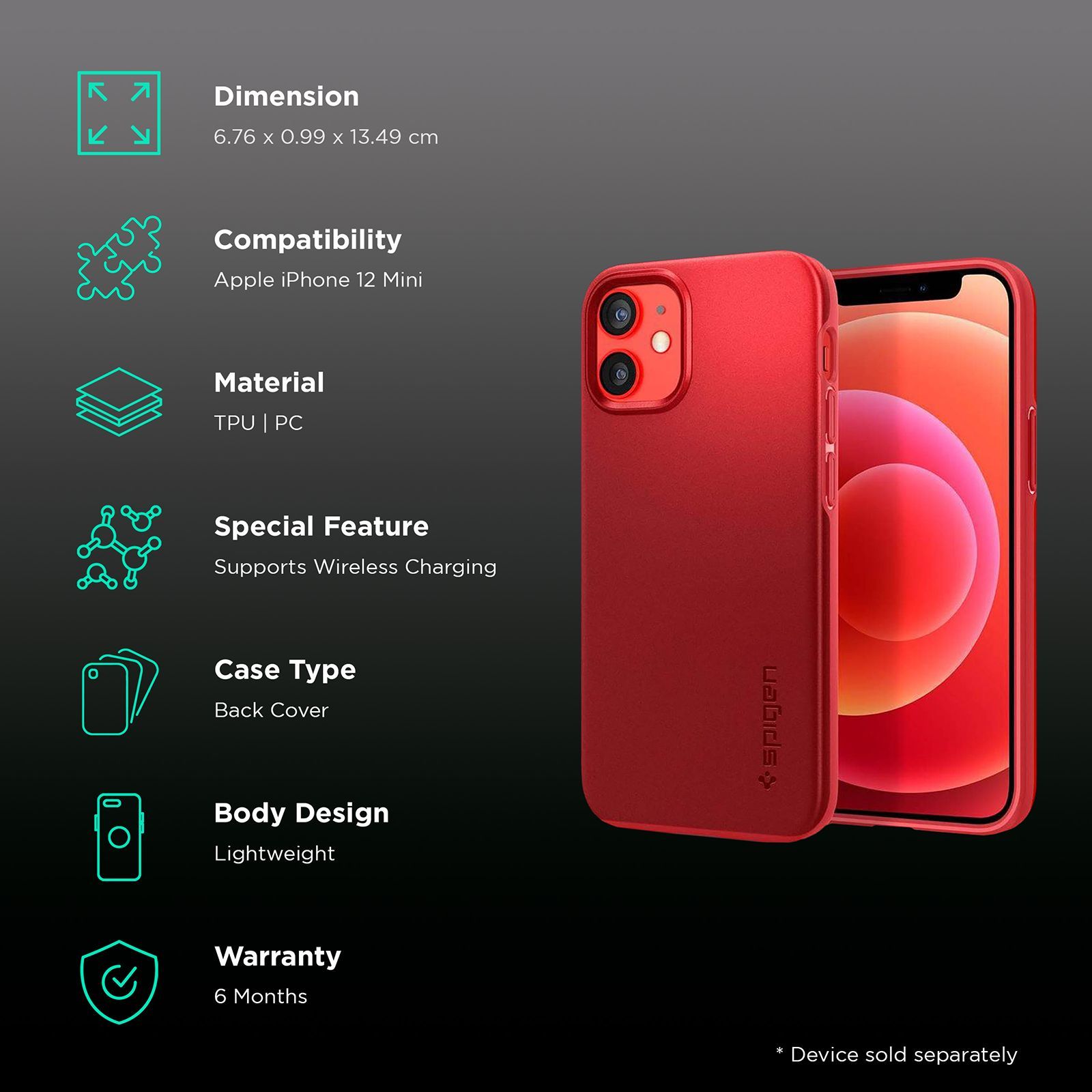 spigen Thin Fit TPU & Polycarbonate Back Cover for Apple iPhone 12 Mini (Wireless Charging Compatible, Red) spigen Thin Fit TPU & Polycarbonate Back Cover for Apple iPhone 12 Mini (Wireless Charging Compatible, Red)_2