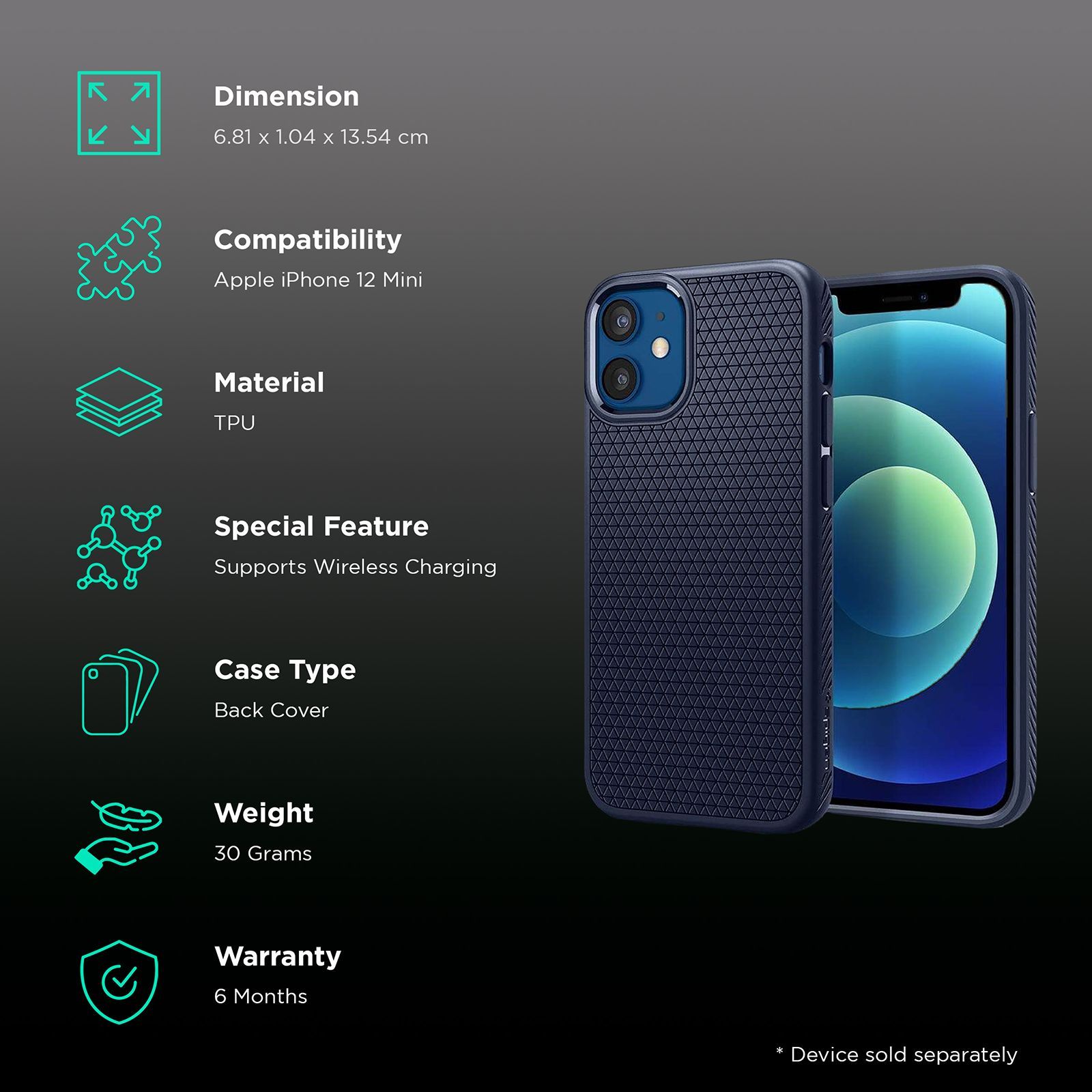 spigen Liquid Air TPU Back Cover for Apple iPhone 12 Mini (Supports Wireless Charging, Navy Blue)_2