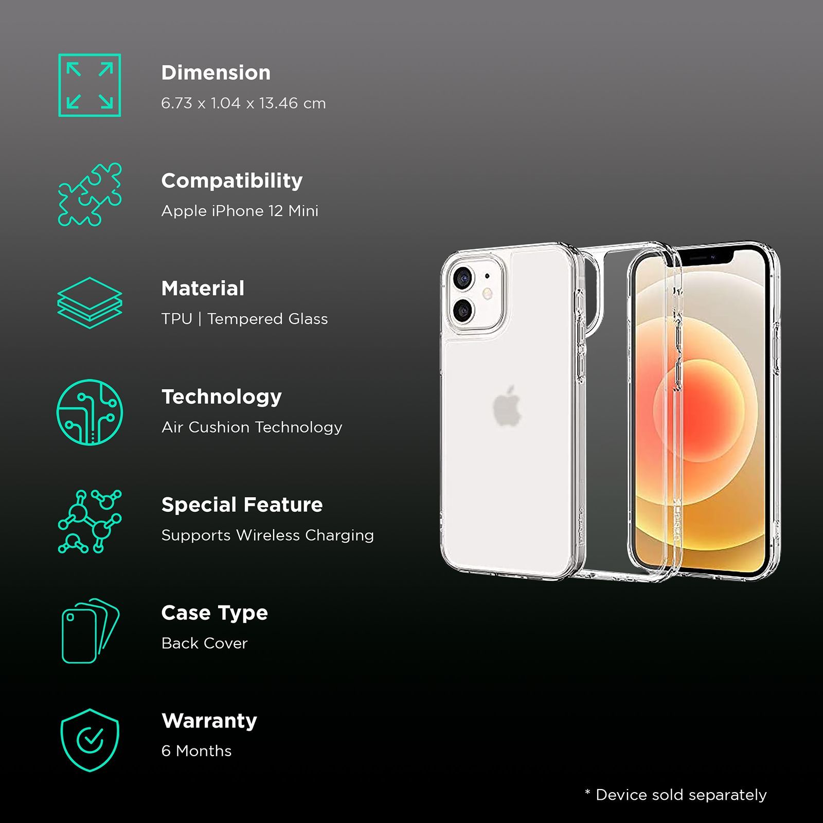 spigen Quartz Hybrid TPU & Tempered Glass Back Cover for Apple iPhone 12 Mini (Wireless Charging Compatible, Matte Clear)_2