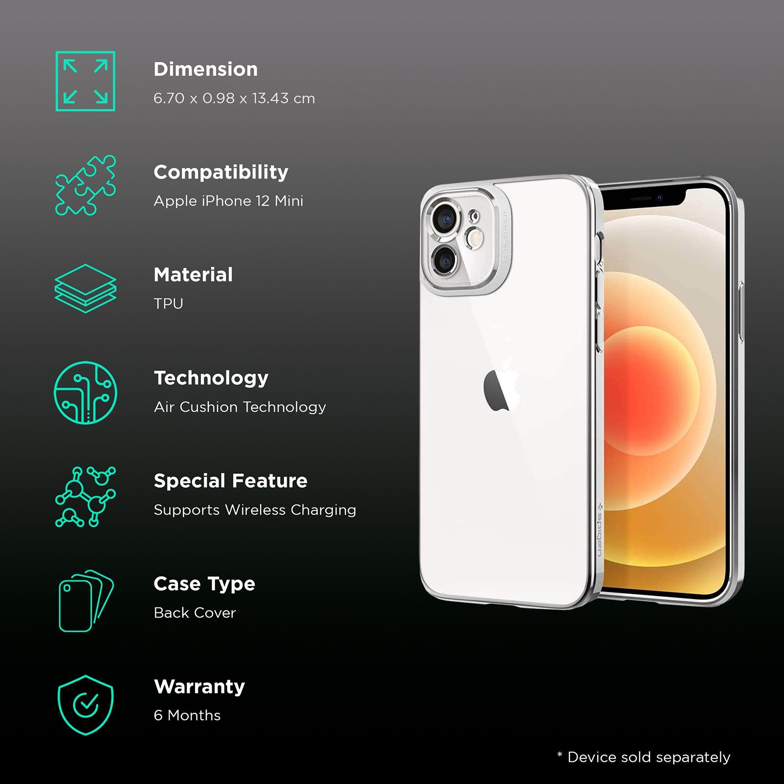 spigen Optik Crystal TPU Back Cover for Apple iPhone 12 Mini (Wireless Charging Compatible, Chrome Silver)_2