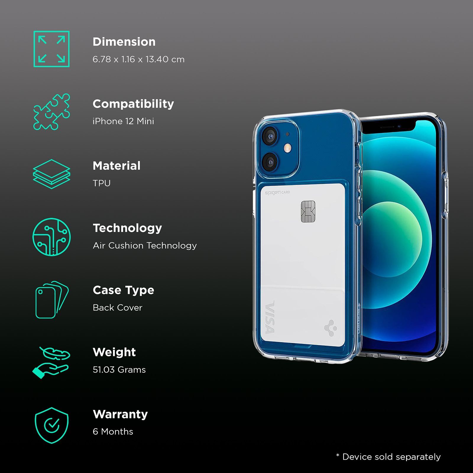 spigen Crystal Slot TPU Back Cover for Apple iPhone 12 Mini (Air Cushion Technology, Crystal Clear)_2