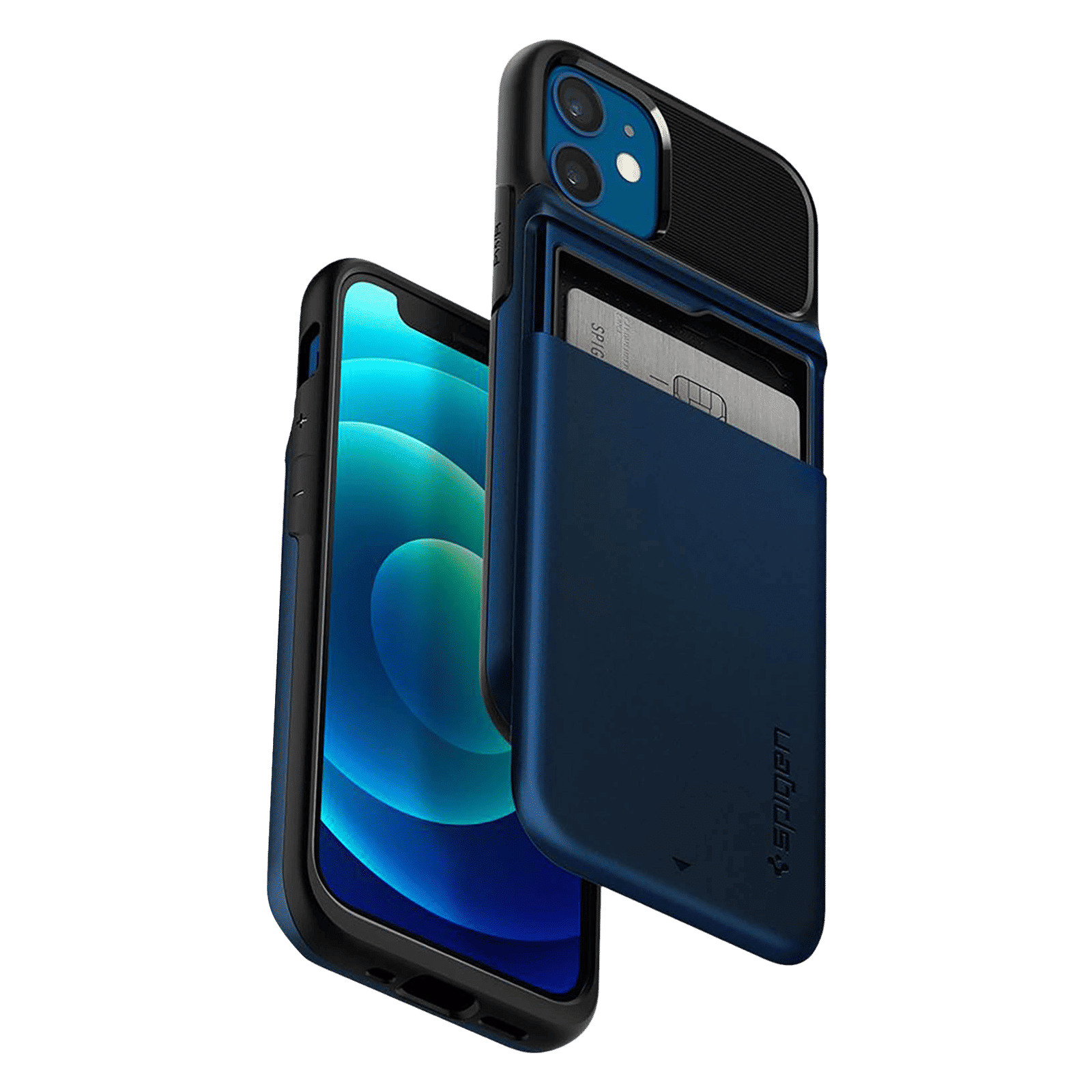 spigen Slim Armor Wallet TPU & Polycarbonate Back Cover for Apple iPhone 12 Mini (Air Cushion Technology, Navy Blue)_10