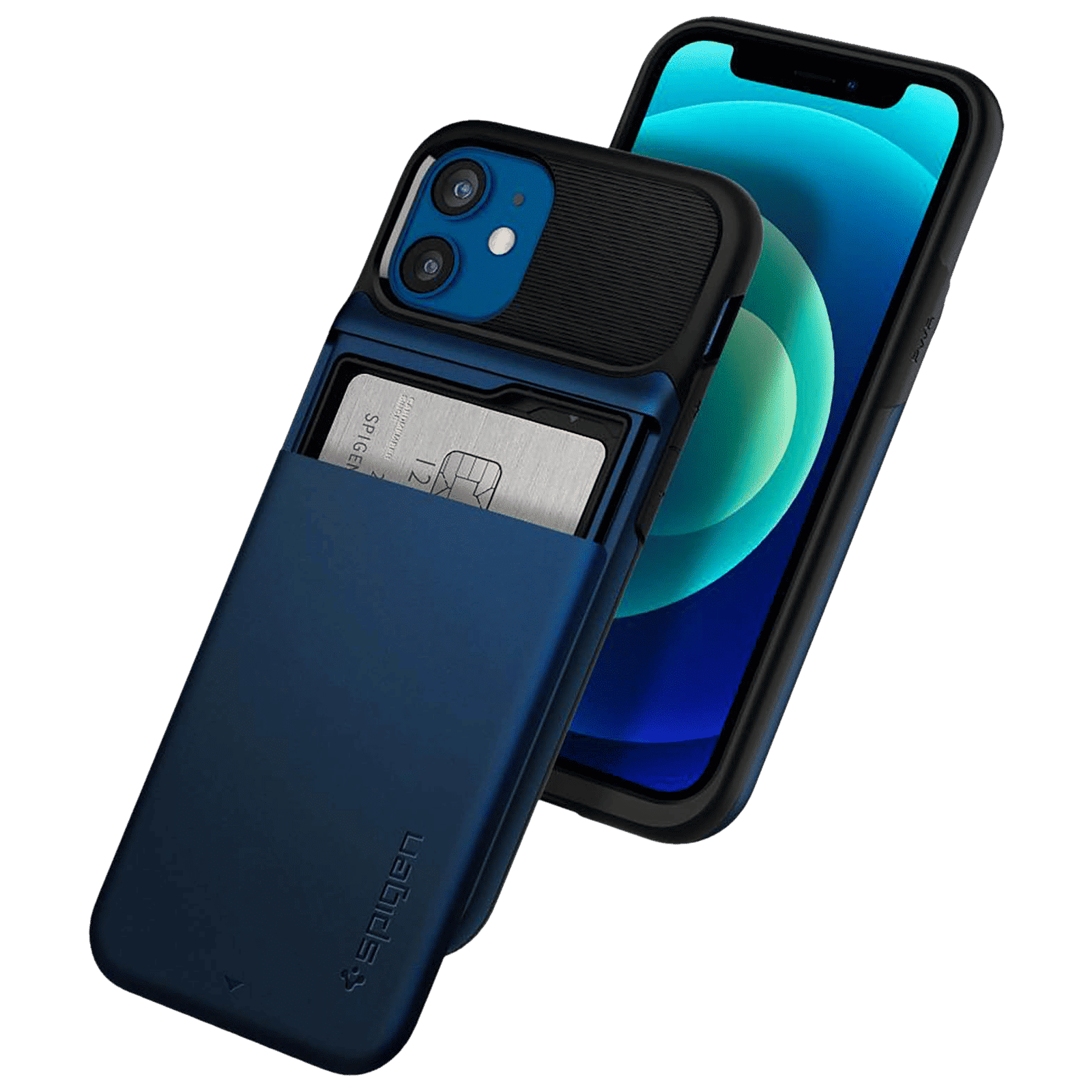 spigen Slim Armor Wallet TPU & Polycarbonate Back Cover for Apple iPhone 12 Mini (Air Cushion Technology, Navy Blue)_11
