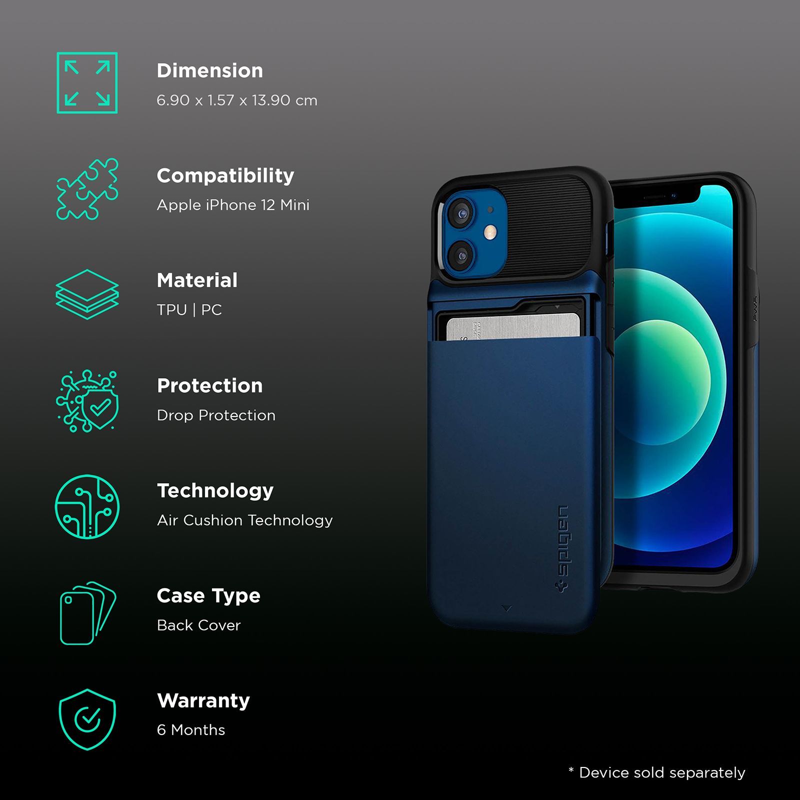 spigen Slim Armor Wallet TPU & Polycarbonate Back Cover for Apple iPhone 12 Mini (Air Cushion Technology, Navy Blue)_2