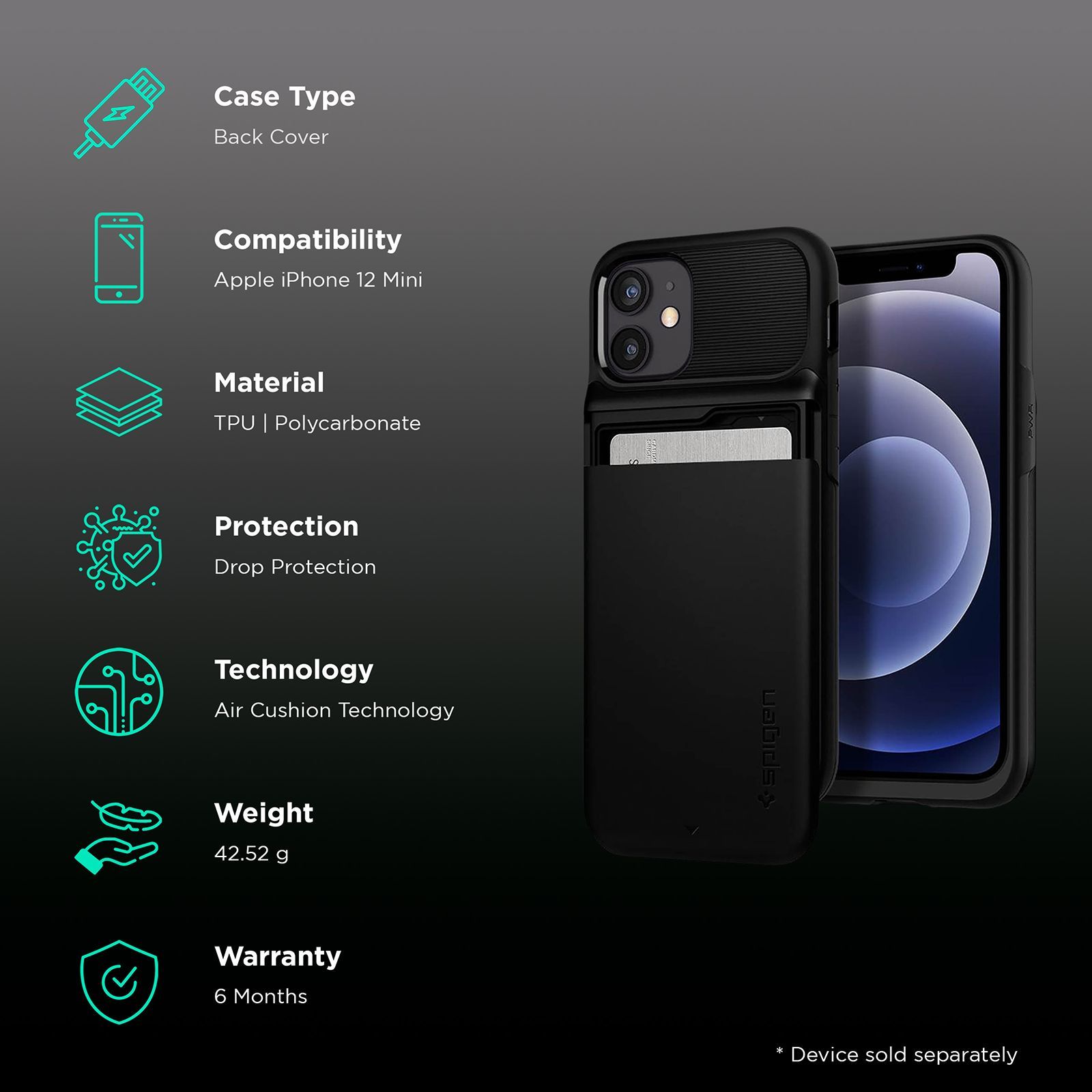 spigen Slim Armor Wallet TPU & Polycarbonate Back Cover for Apple iPhone 12 Mini (Air Cushion Technology, Black)_2