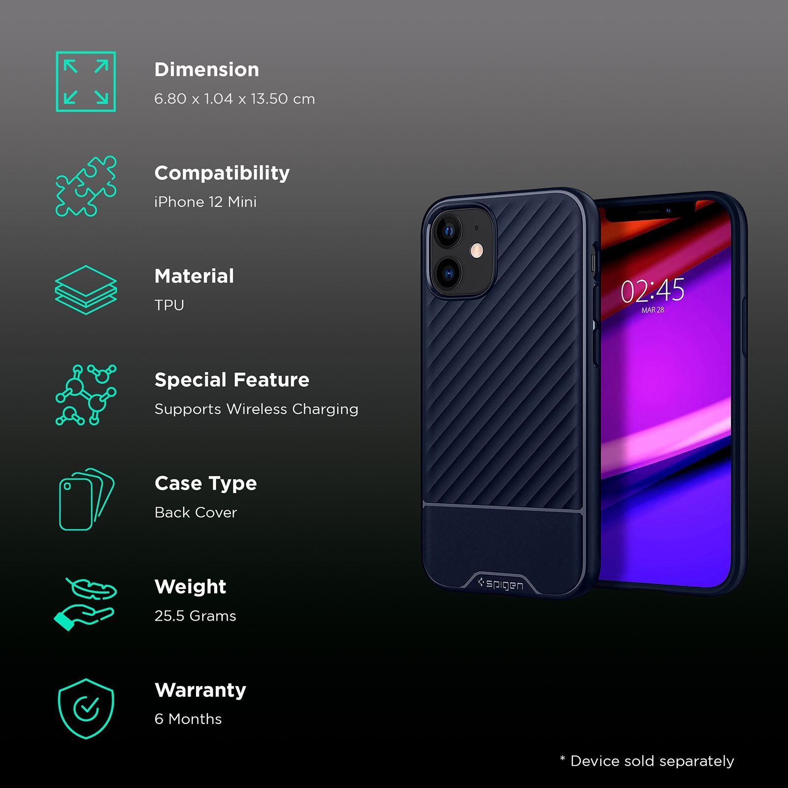 spigen Core Armor TPU Back Cover for Apple iPhone 12 Mini (Slim and Grip Friendly, Navy Blue)_2