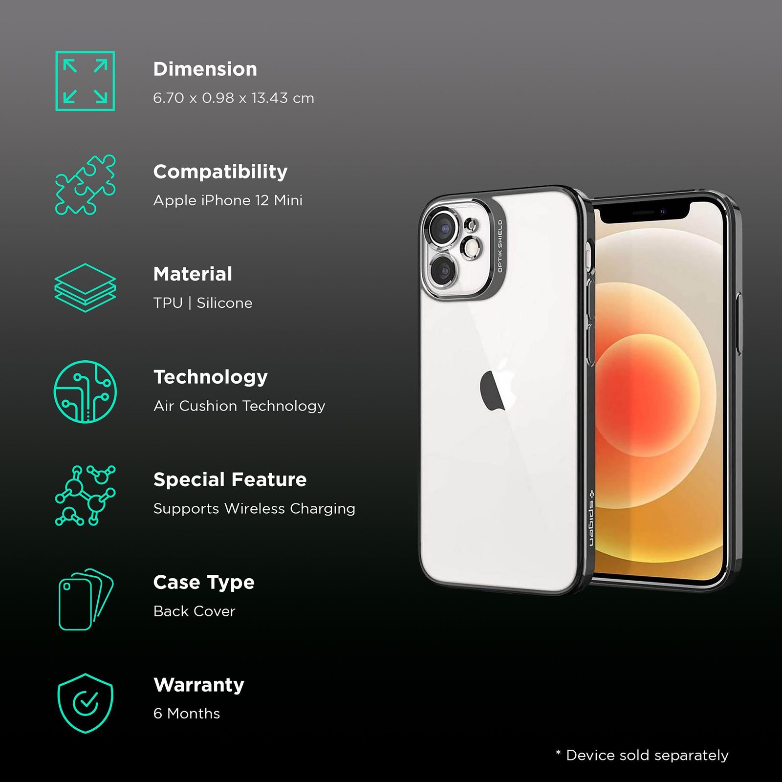 spigen TPU & Silicone Back Cover for Apple iPhone 12 Mini (Wireless Charging Compatible, Chrome Gray)_2