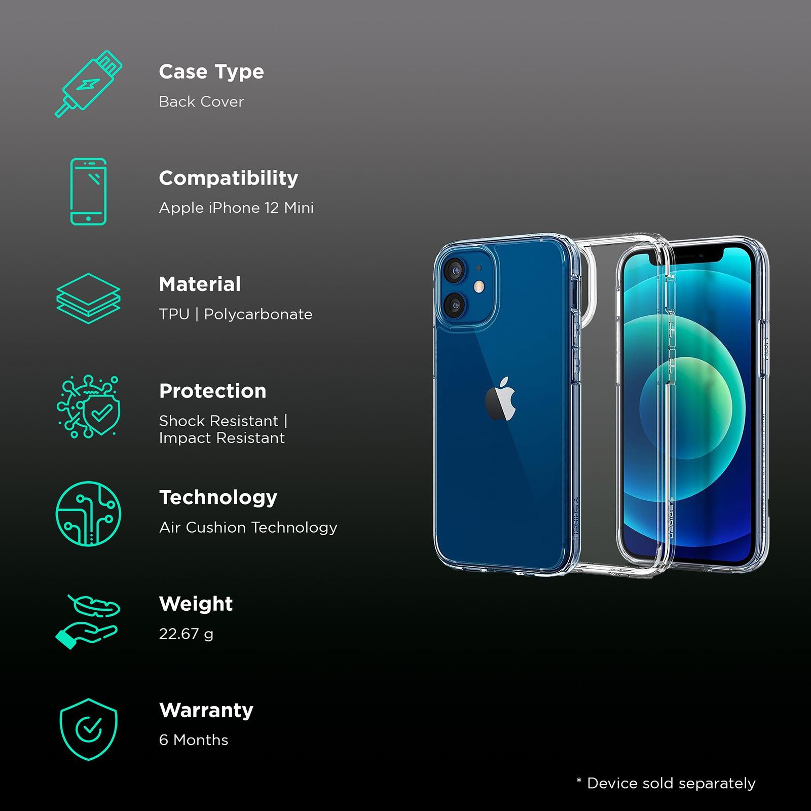 spigen Ultra Hybrid TPU & Polycarbonate Back Cover for Apple iPhone 12 Mini (Air Cushion Technology, Crystal Clear)_2