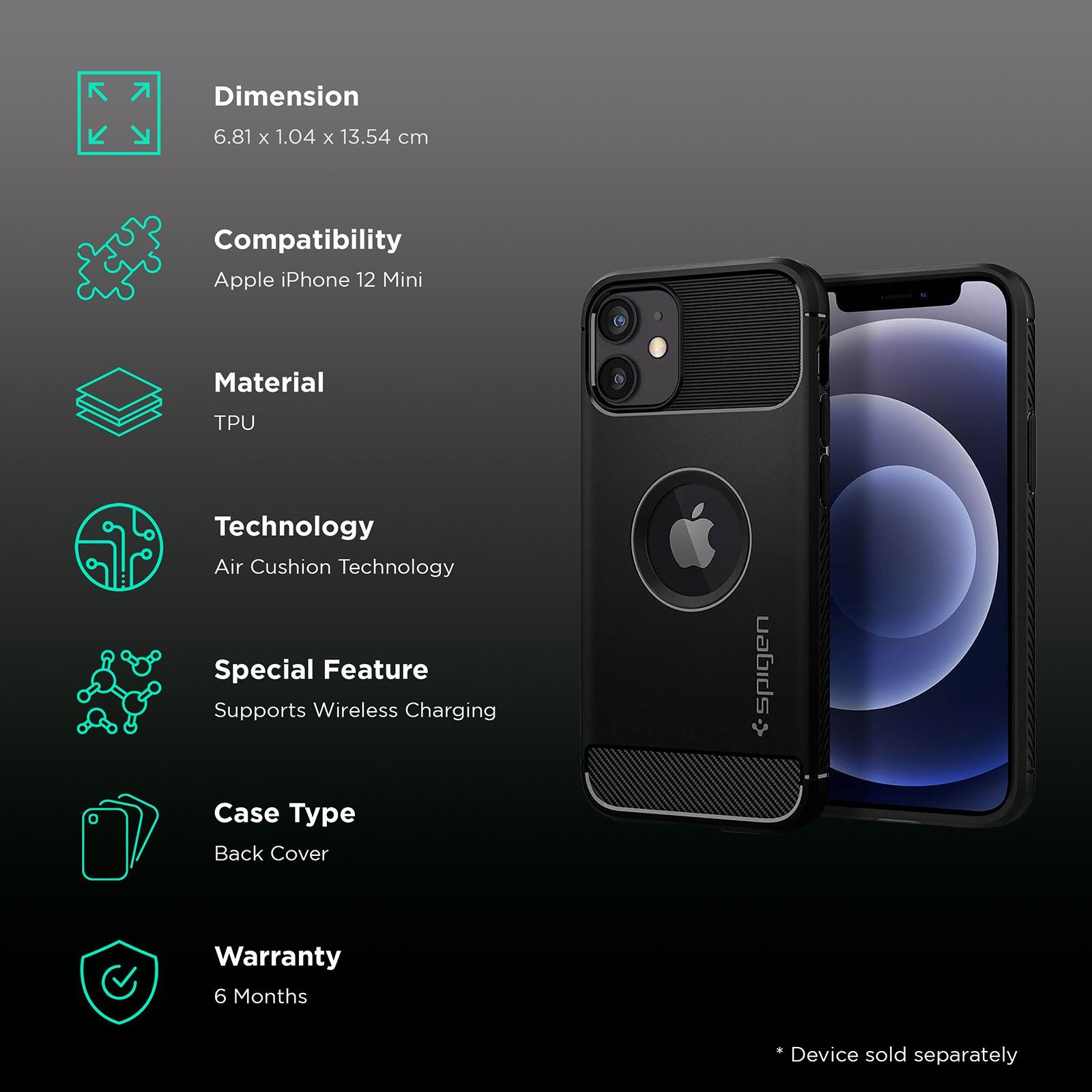 spigen Rugged Armor TPU Back Cover for Apple iPhone 12 Mini (Wireless Charging Compatible, Matte Black) spigen Rugged Armor TPU Back Cover for Apple iPhone 12 Mini (Wireless Charging Compatible, Matte Black)_2