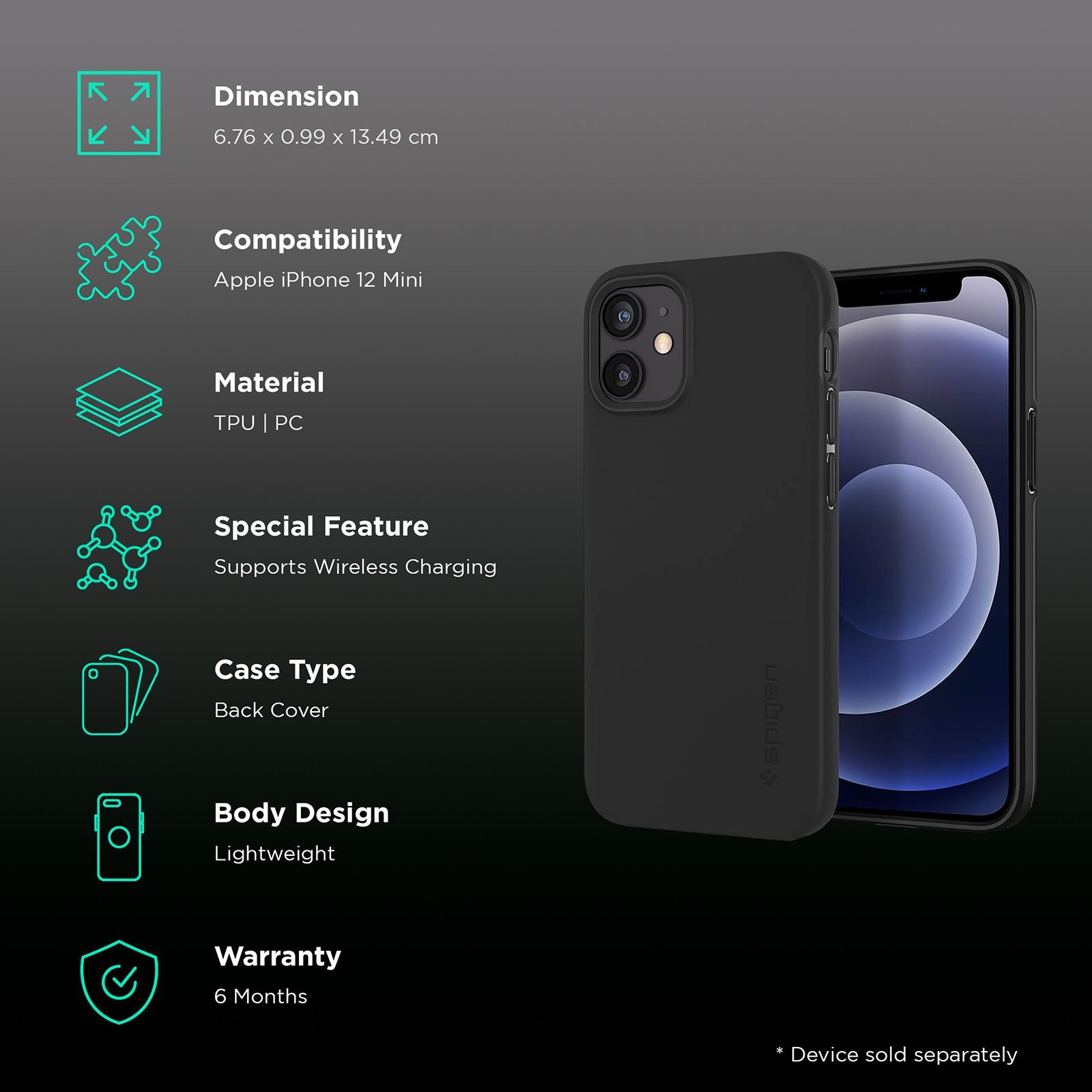 spigen Thin Fit TPU & Polycarbonate Back Cover for Apple iPhone 12 Mini (Wireless Charging Compatible, Black)_2