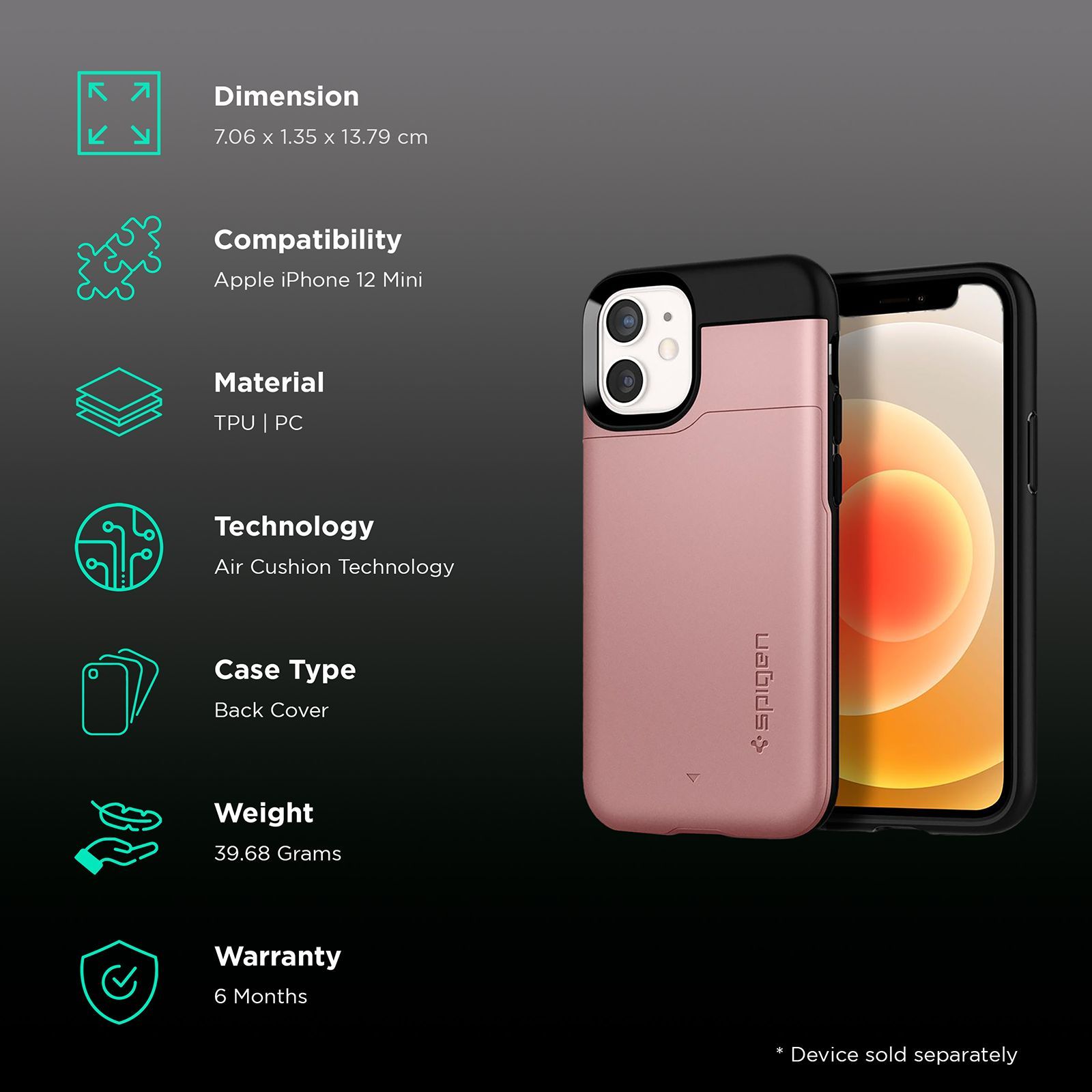 spigen Slim Armor CS Hard & Soft TPU & Polycarbonate Back Cover for Apple iPhone 12 Mini (Air Cushion Technology, Rose Gold)_2