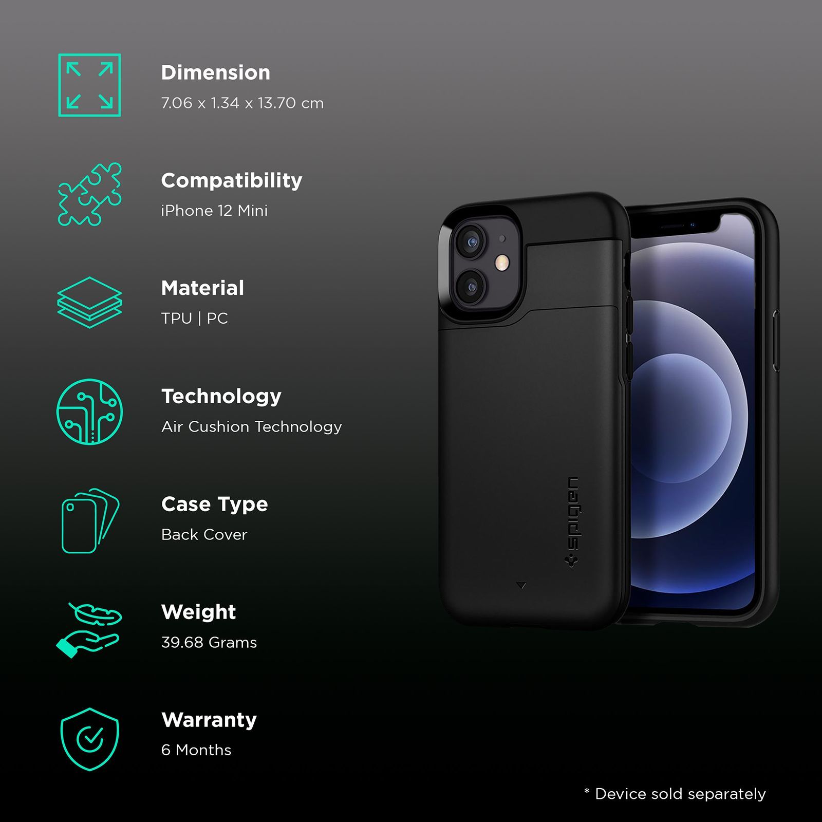 spigen Slim Armor CS Polycarbonate & TPU Back Cover for Apple iPhone 12 mini (Air Cushion Technology, Black)_2