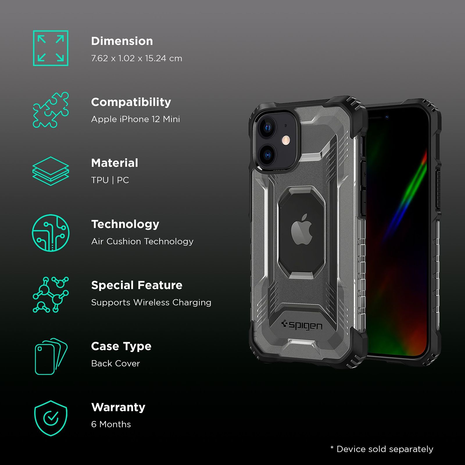 spigen Nitro Force TPU & Polycarbonate Back Cover for Apple iPhone 12 Mini (Air Cushion Technology, Clear)_2