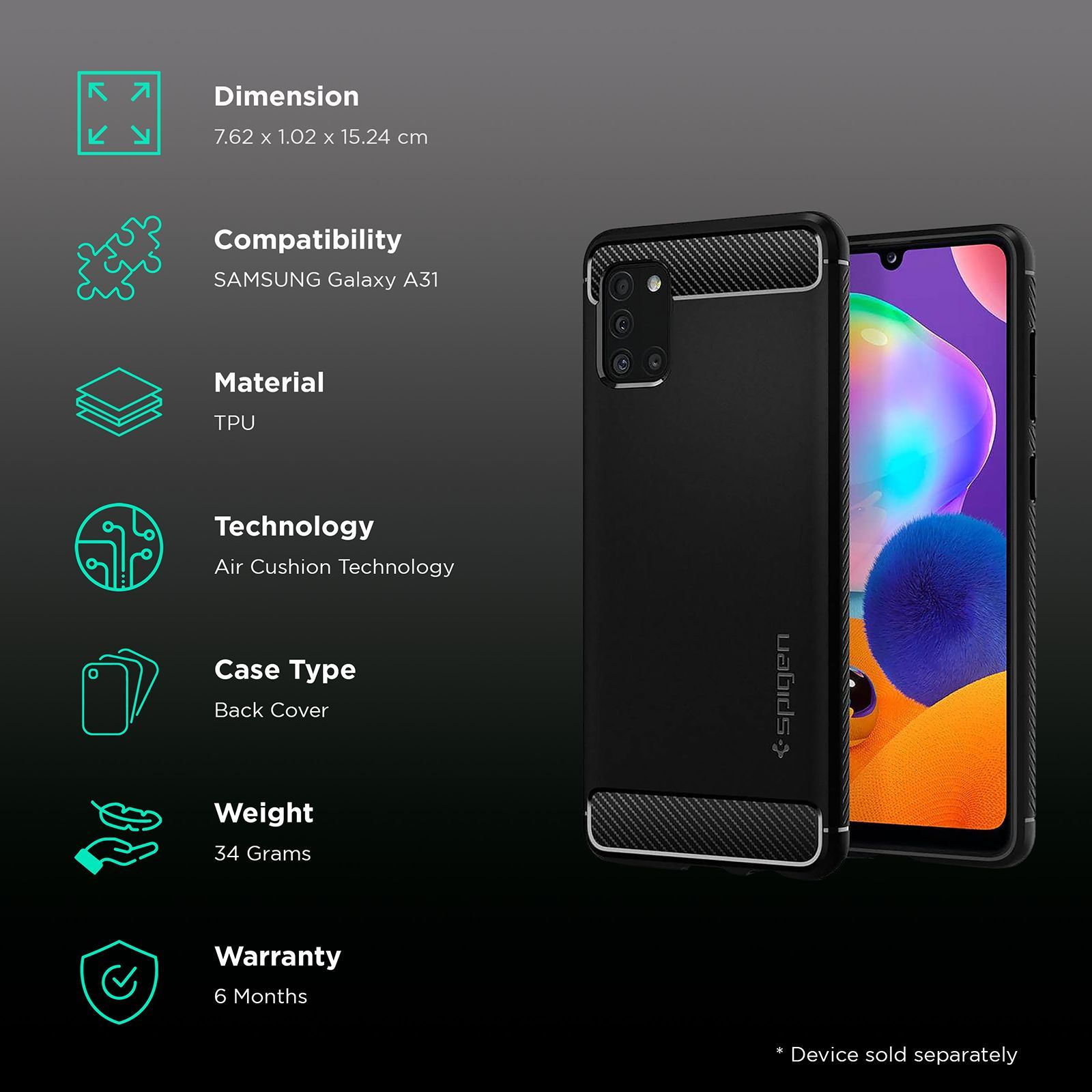 spigen Rugged Armor Soft TPU Back Cover for SAMSUNG Galaxy A31 (Air Cushion Technology, Matte Black)_2