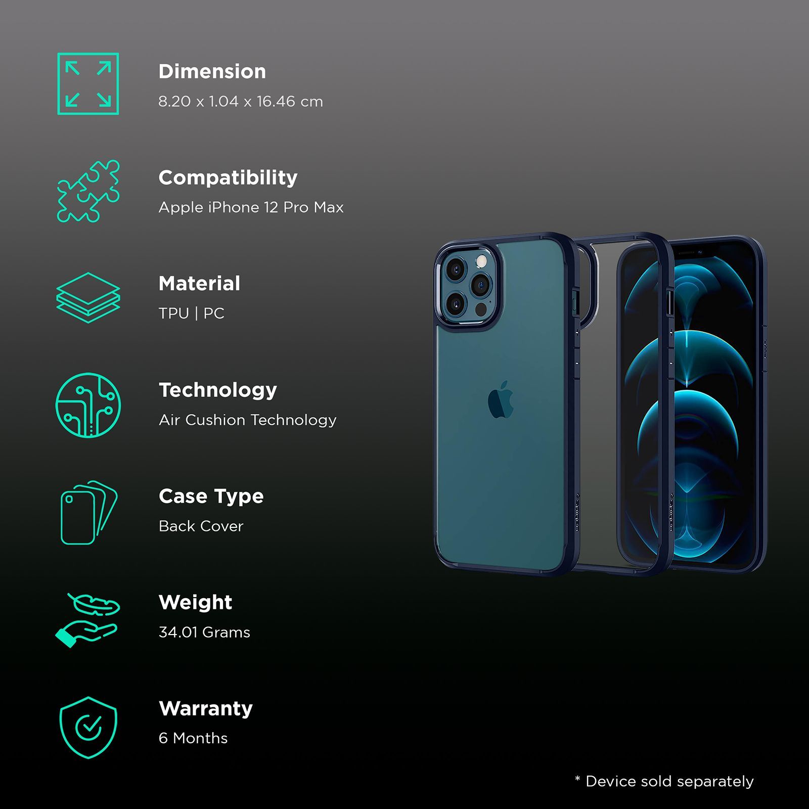 spigen Ultra Hybrid TPU & Polycarbonate Back Cover for Apple iPhone 12 Pro Max (Air Cushion Technology, Navy Blue)_2