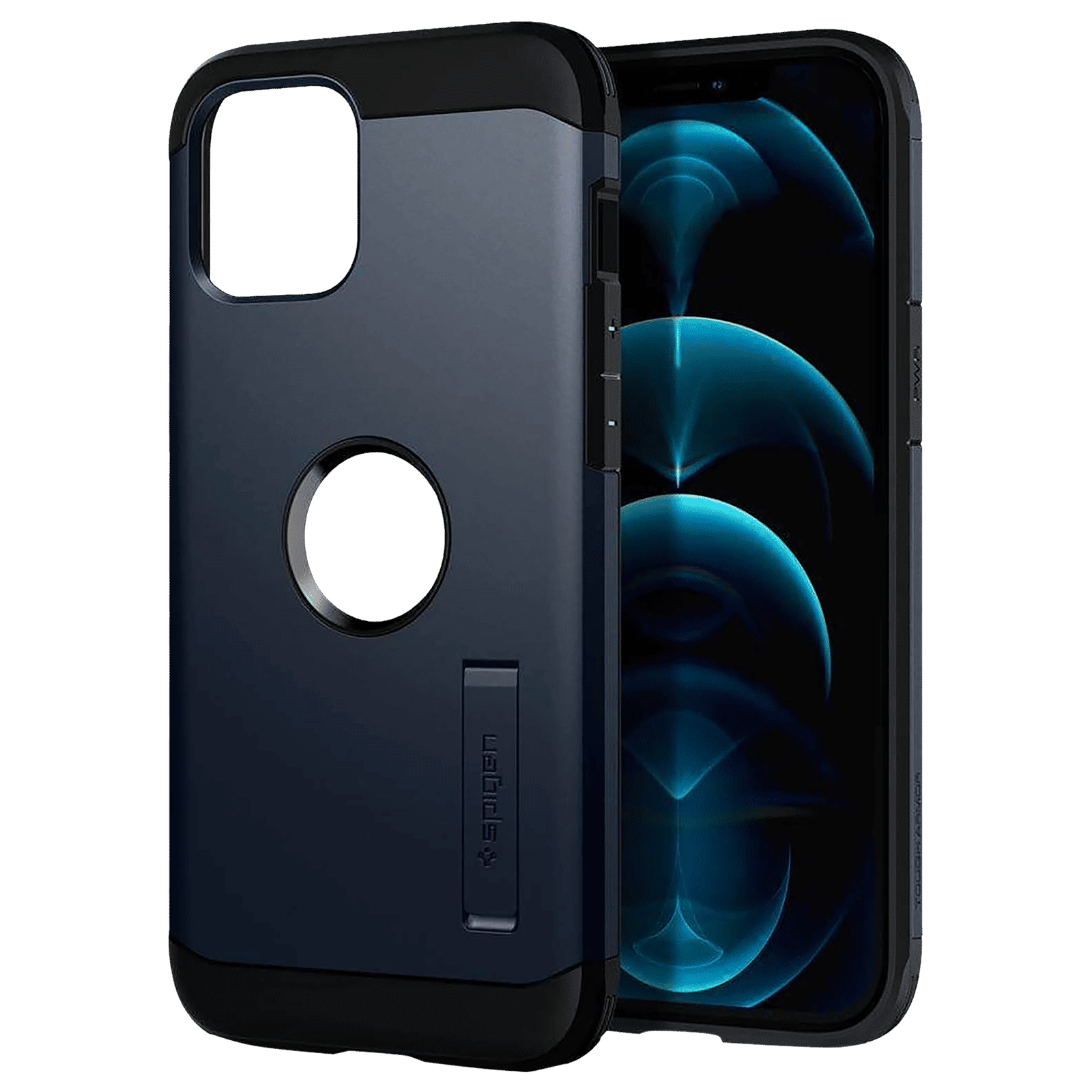 spigen Tough Armor TPU & Polycarbonate Back Case with Stand for Apple iPhone 12 Pro Max (Wireless Charging Compatible, Metal Slate)_11