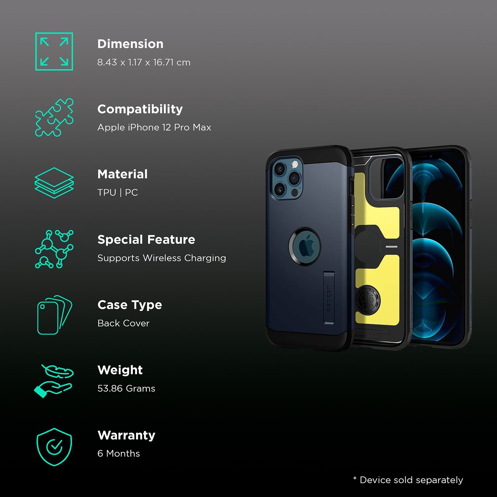 spigen Tough Armor TPU & Polycarbonate Back Case with Stand for Apple iPhone 12 Pro Max (Wireless Charging Compatible, Metal Slate)_2