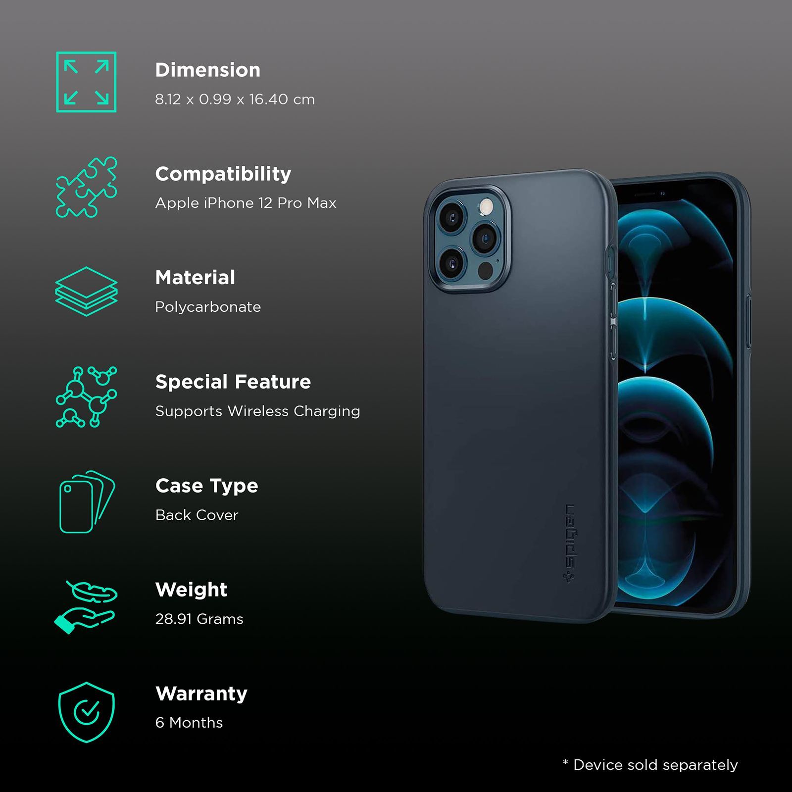 spigen Thin Fit Polycarbonate Back Cover for Apple iPhone 12 Pro Max (Wireless Charging Compatible, Metal Slate)_2