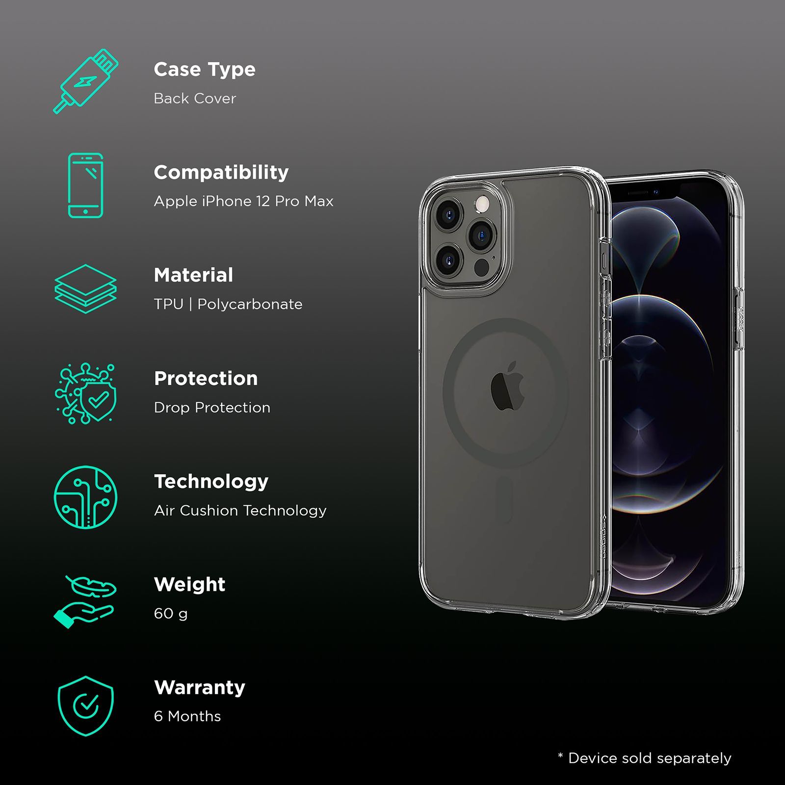 spigen Ultra Hybrid Mag TPU & Polycarbonate Back Cover for Apple iPhone 12 Pro Max (Air Cushion Technology, Graphite)_2