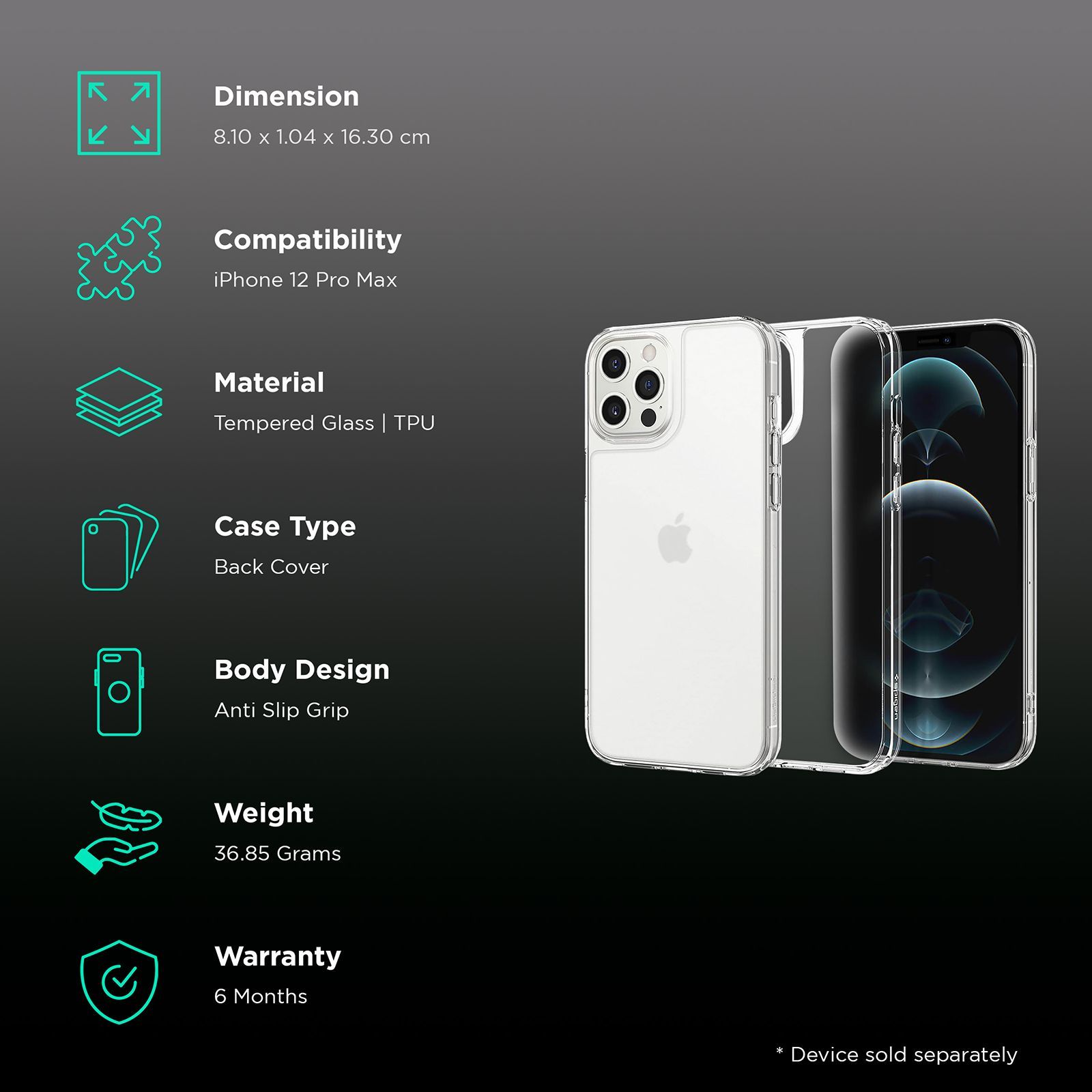 spigen Quartz Hybrid Glass, Tempered Glass & TPU Back Case For iPhone 12 Pro Max (Slim & Grip-Friendly, ACS02600, Matte Clear)_2